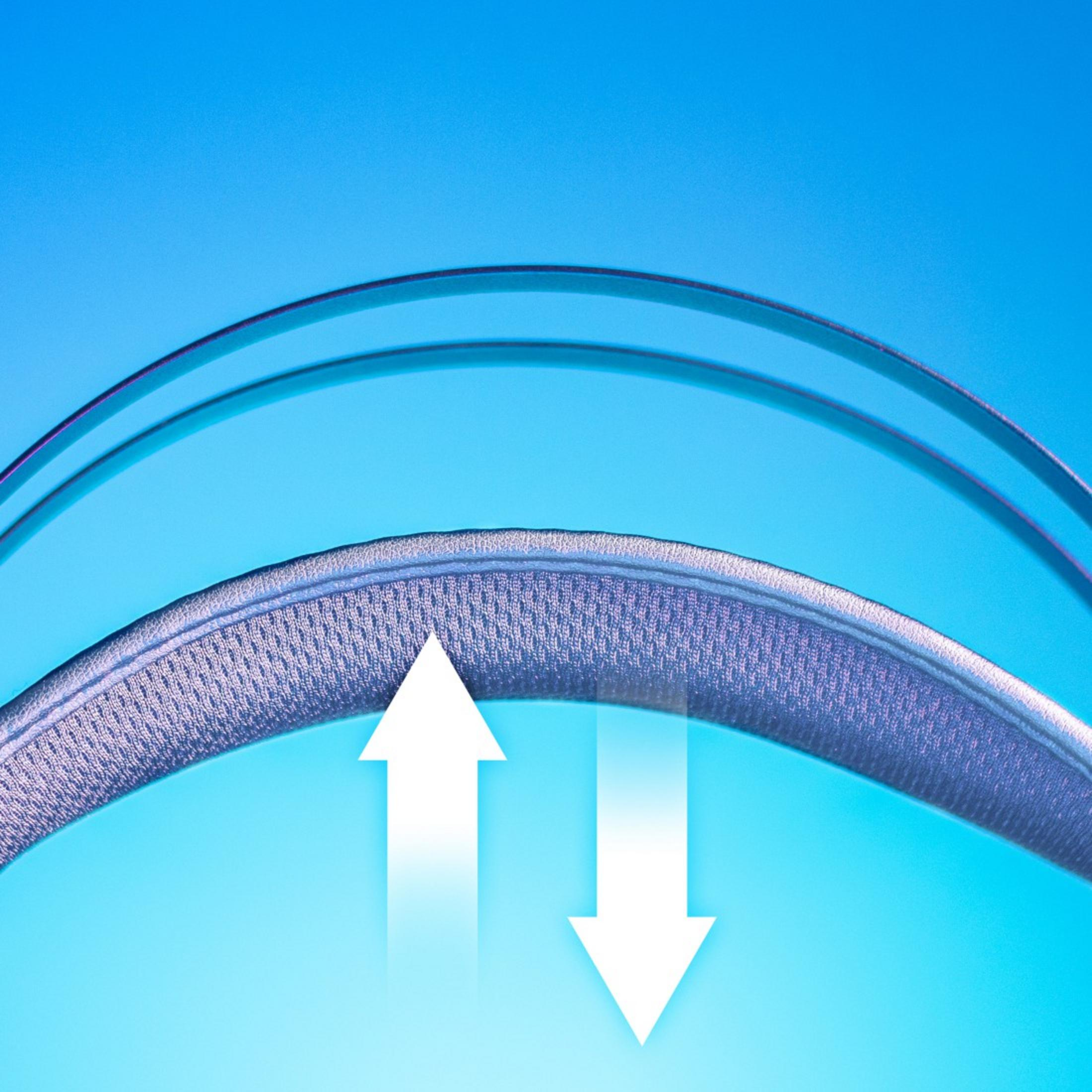 Zestaw słuchawkowy z niebieskim tłem. Białe strzałki wskazują kierunki w dół i w górę.