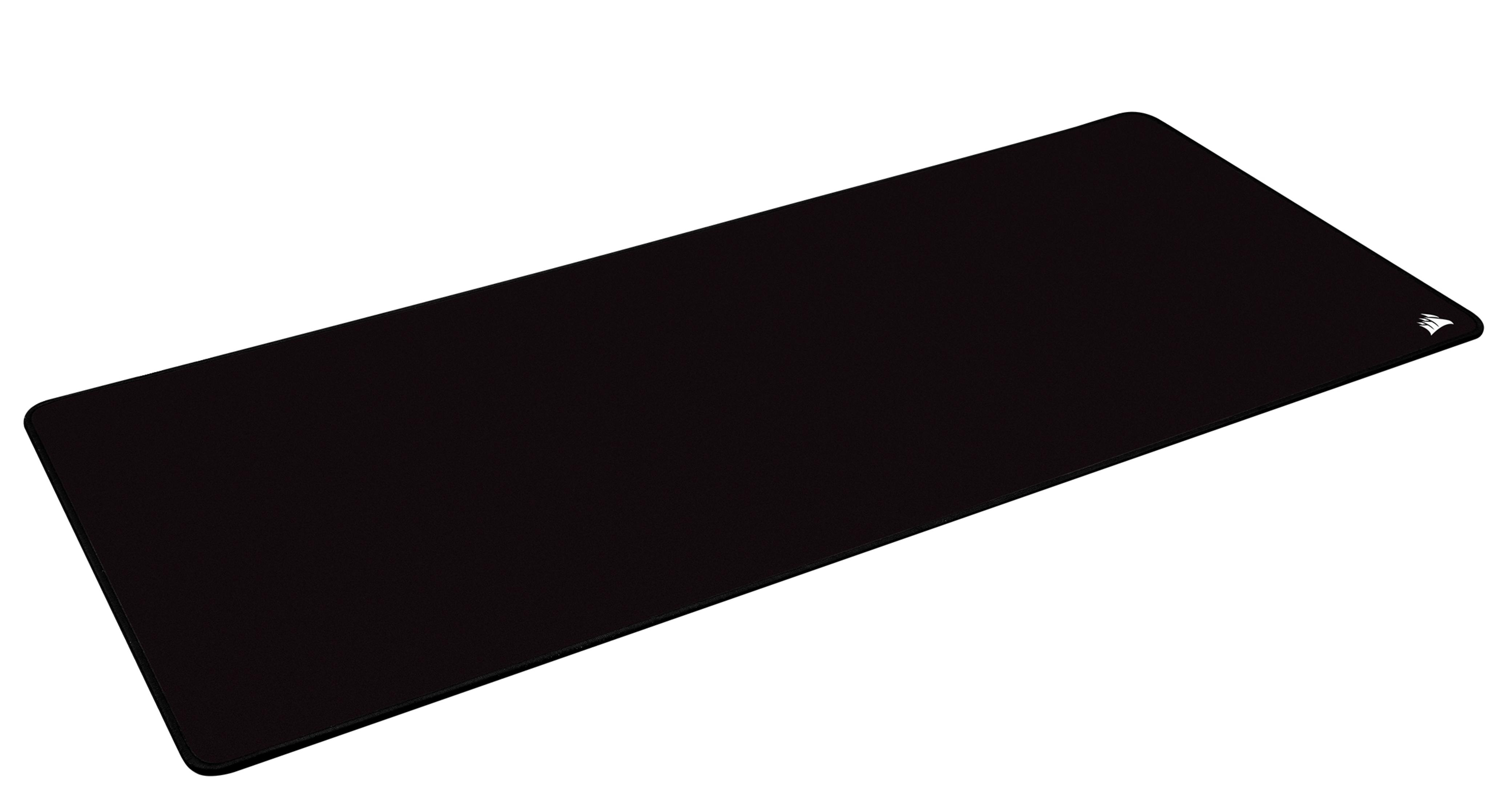 Długa, czarna, prostokątna podkładka pod mysz. Jest pusta i na białej powierzchni.
