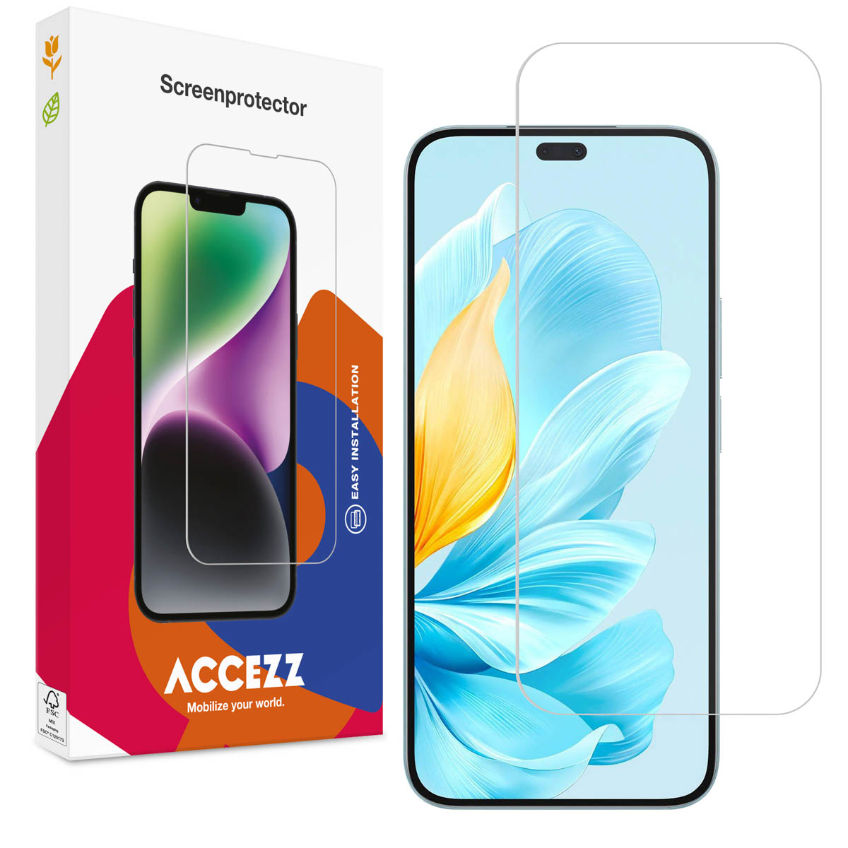 Telefoon met schermbeschermer. De telefoon zit in de doos en de beschermer los.