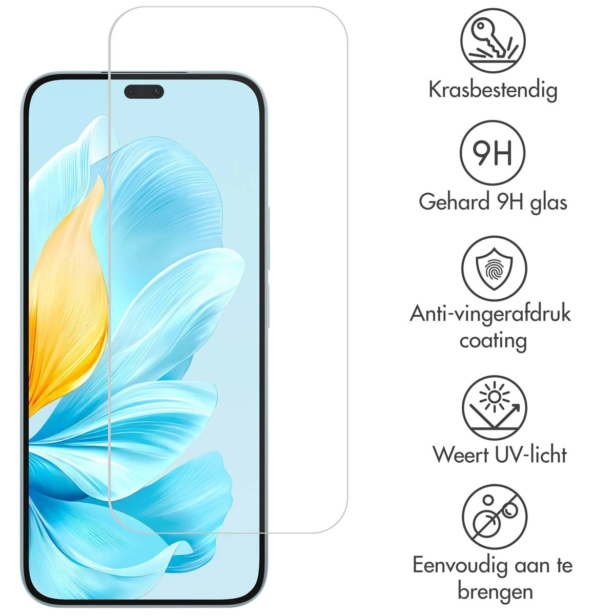 Een schermbeschermer met iconen. De telefoon ligt op een wit oppervlak.