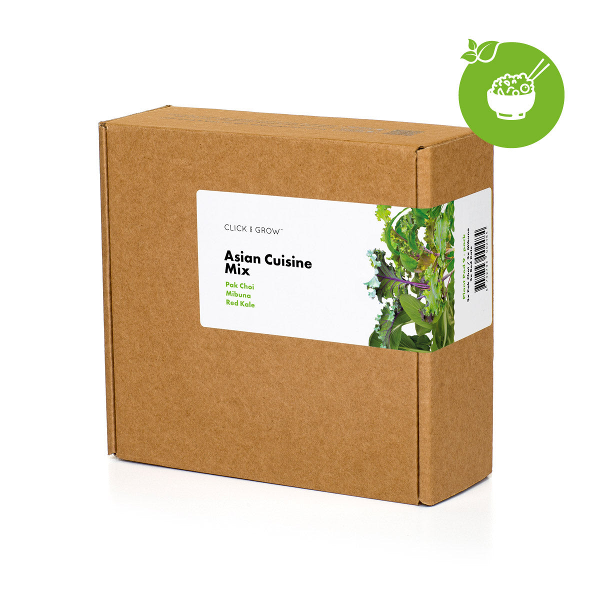 Boîte en carton avec étiquette de mélange de cuisine asiatique. Icône de feuille verte en haut à droite.