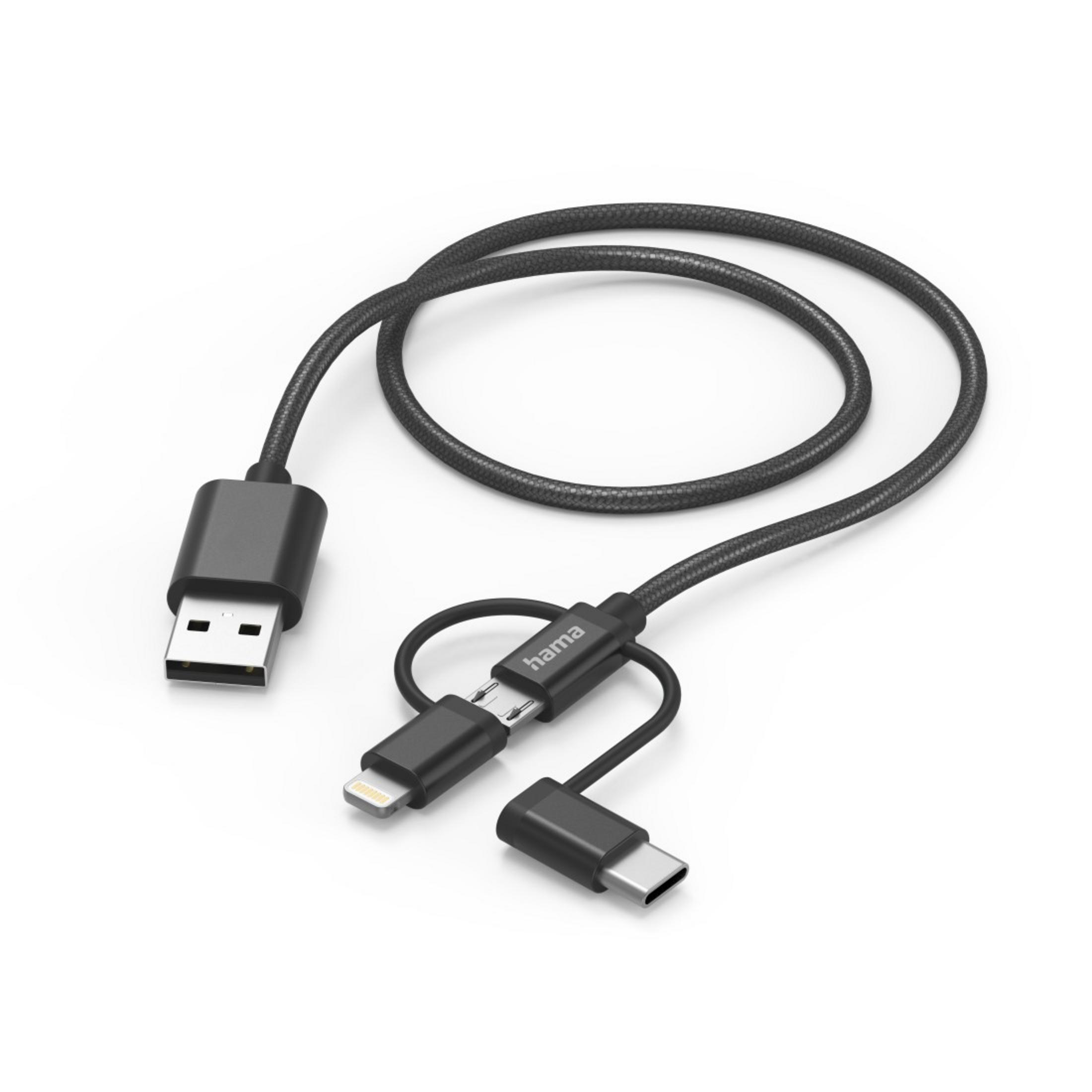 A black USB charging cable with USB, Lightning, and USB-C connectors.