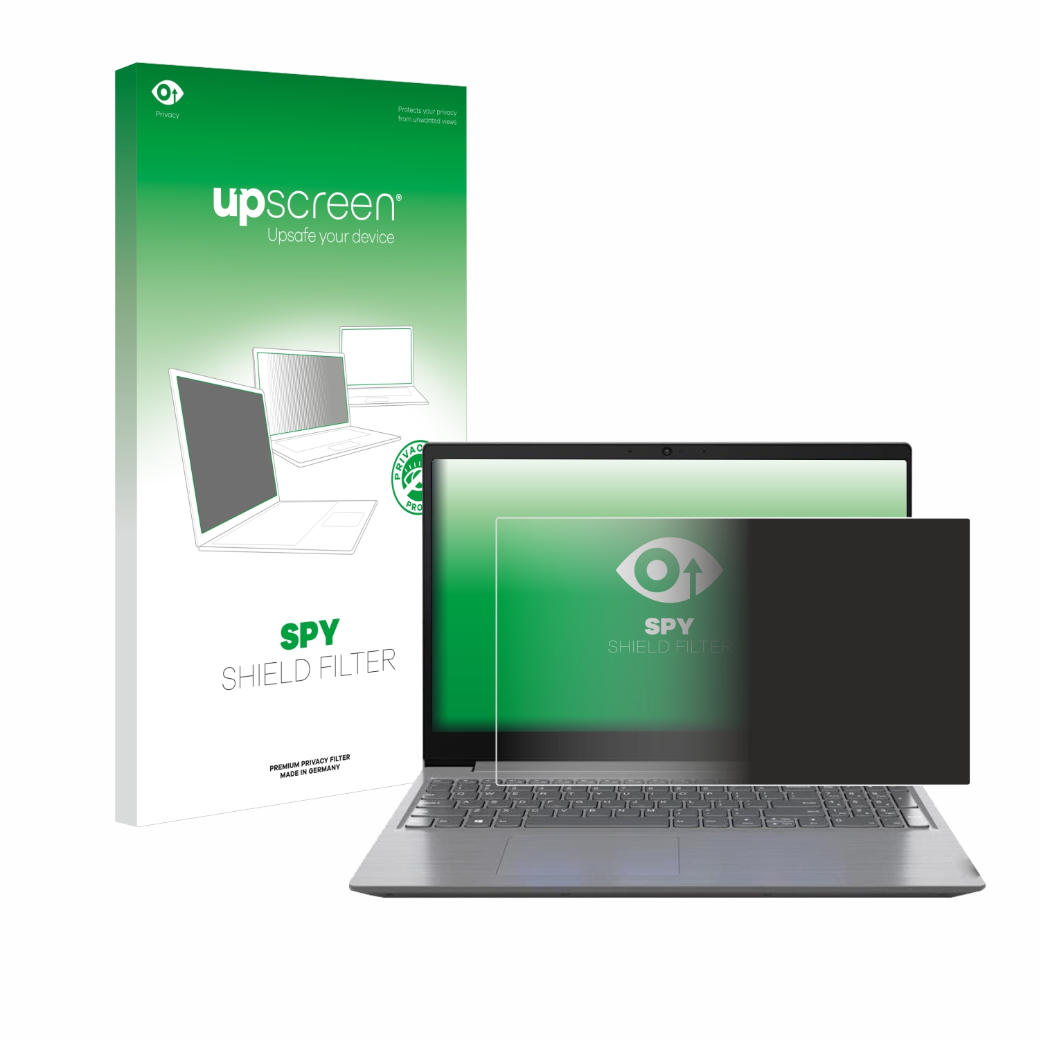 Laptop mit Displayschutzfolie und Box. Box hat grünes und weißes Design. Laptop ist silber. Weißer Hintergrund.