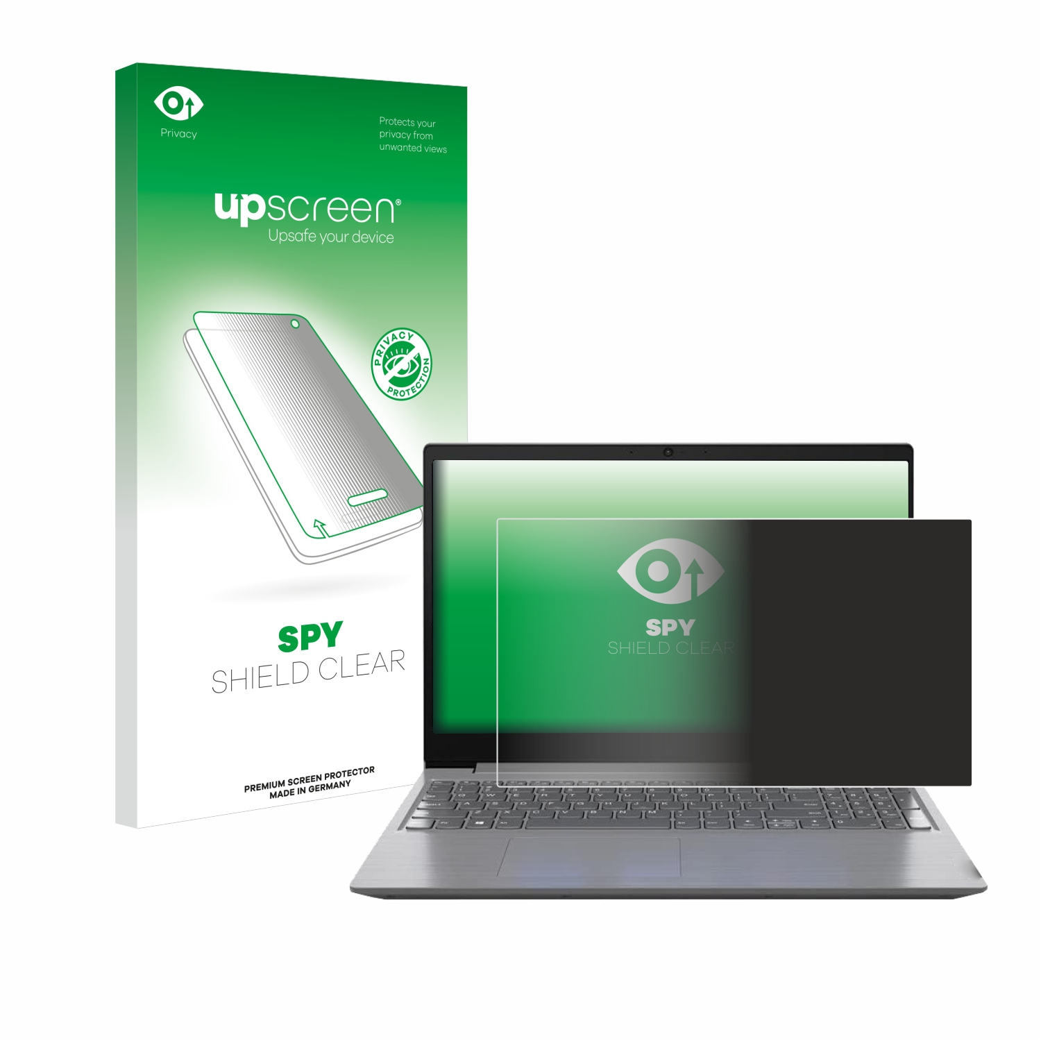 Ein Laptop mit angebrachtem Displayschutz. Eine Box mit Displayschutzfolie daneben.