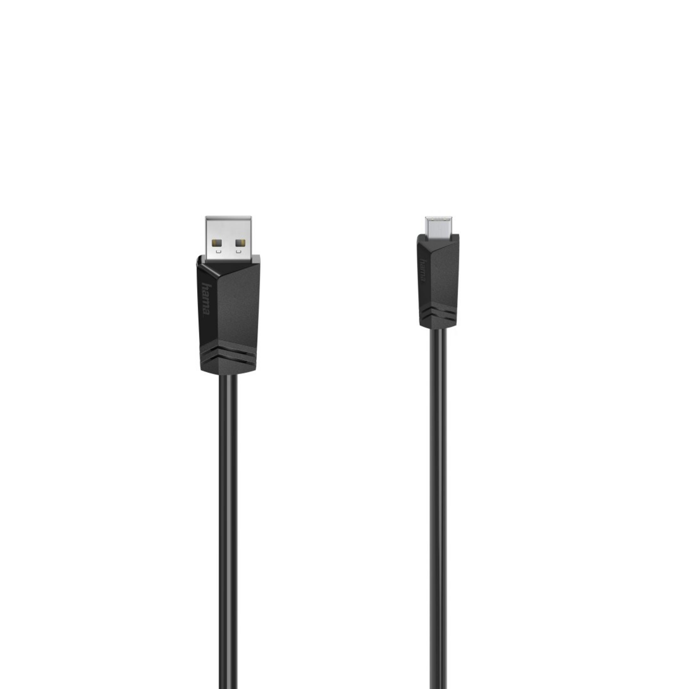 Cavo USB-C nero con connettore USB-A a sinistra e USB-C a destra. Sfondo bianco.