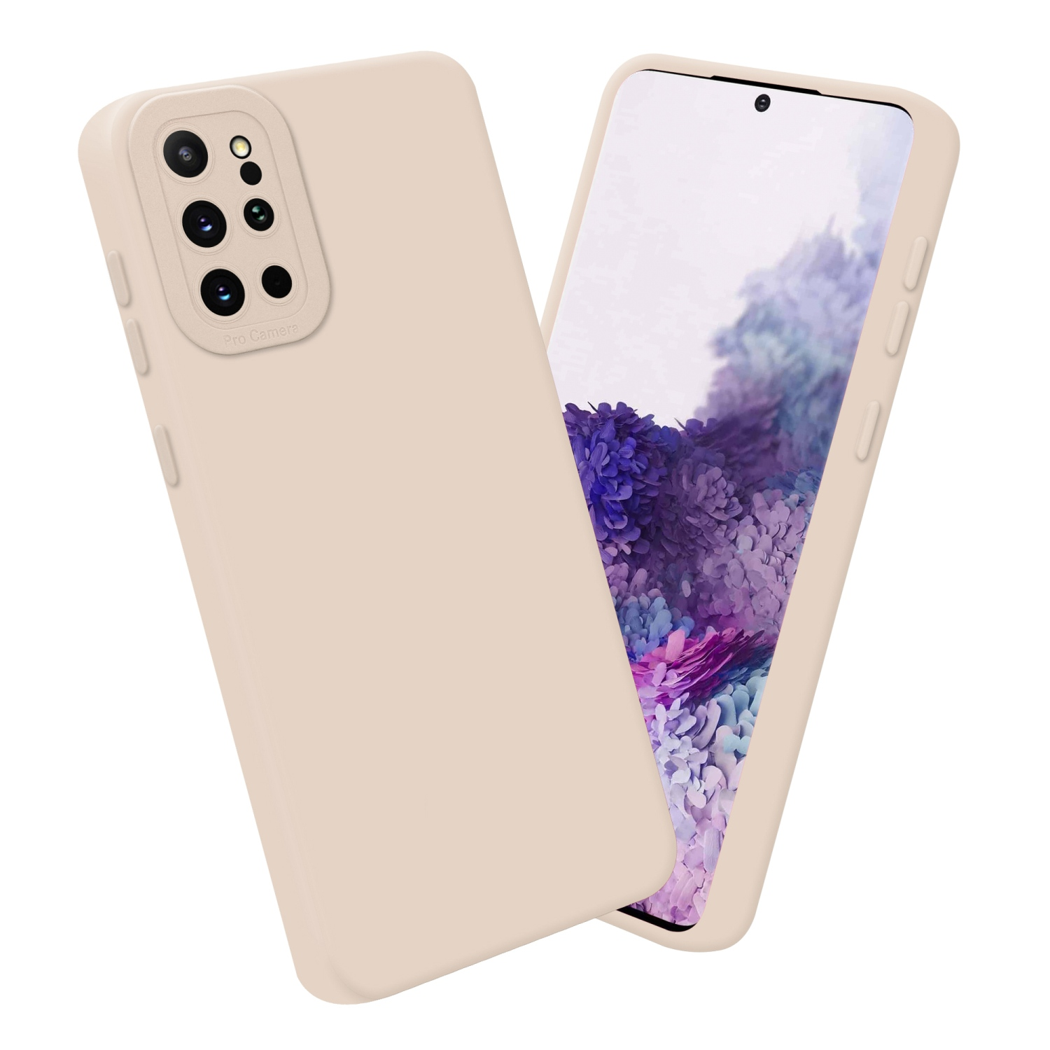 Coque de téléphone beige avec trois lentilles de caméra. Écran visible à l'intérieur.