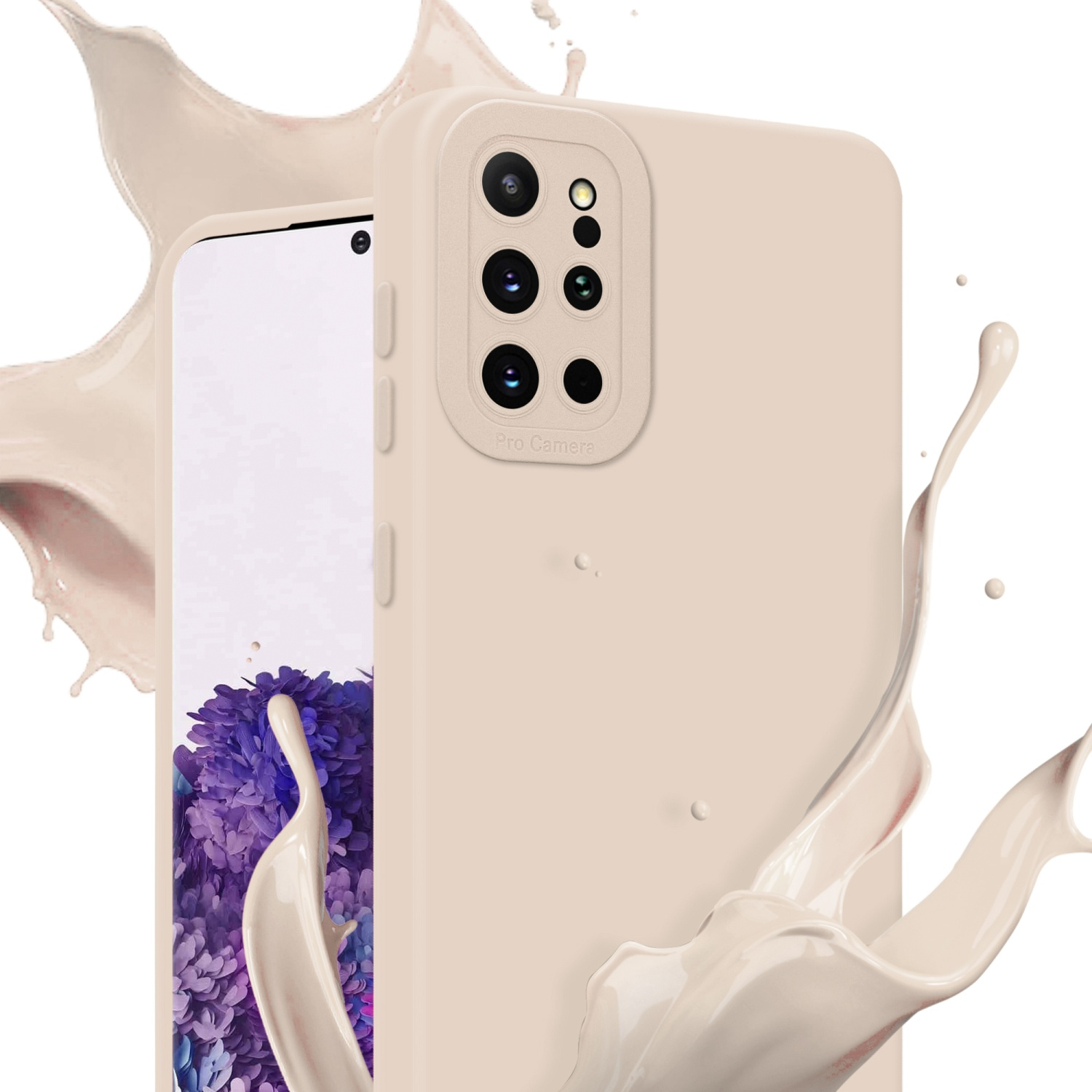 Coque de téléphone beige avec fond crème et éclaboussure.