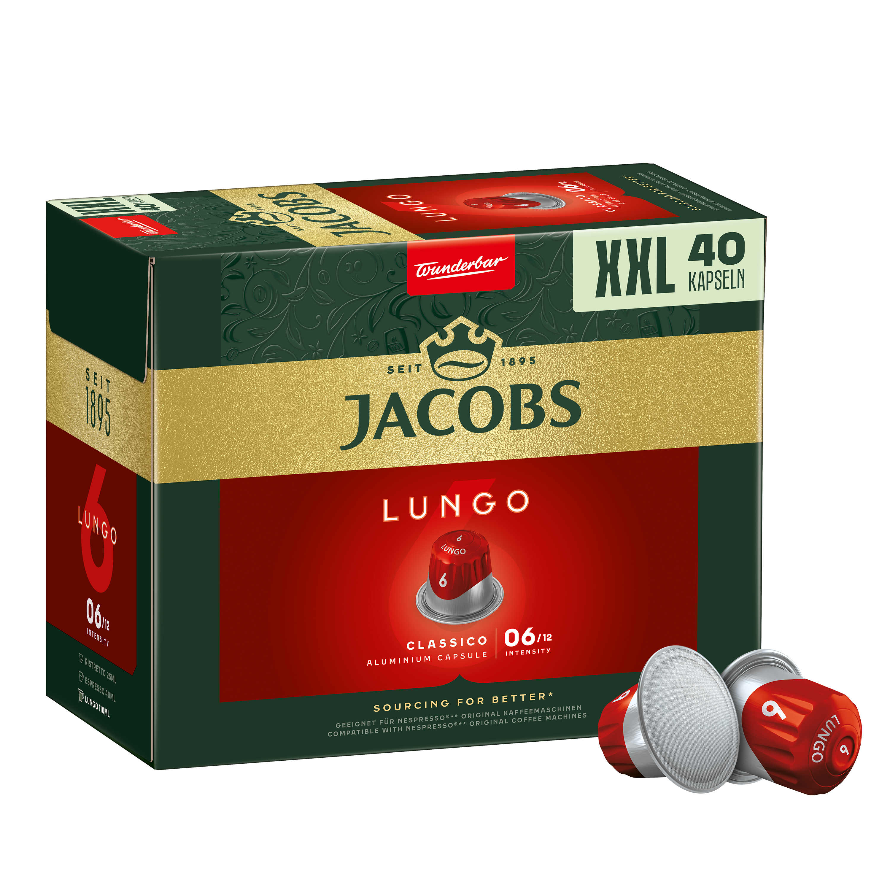Eine Kaffeebox mit Jacobs Lungo Classico Kapseln und einigen Kapseln.