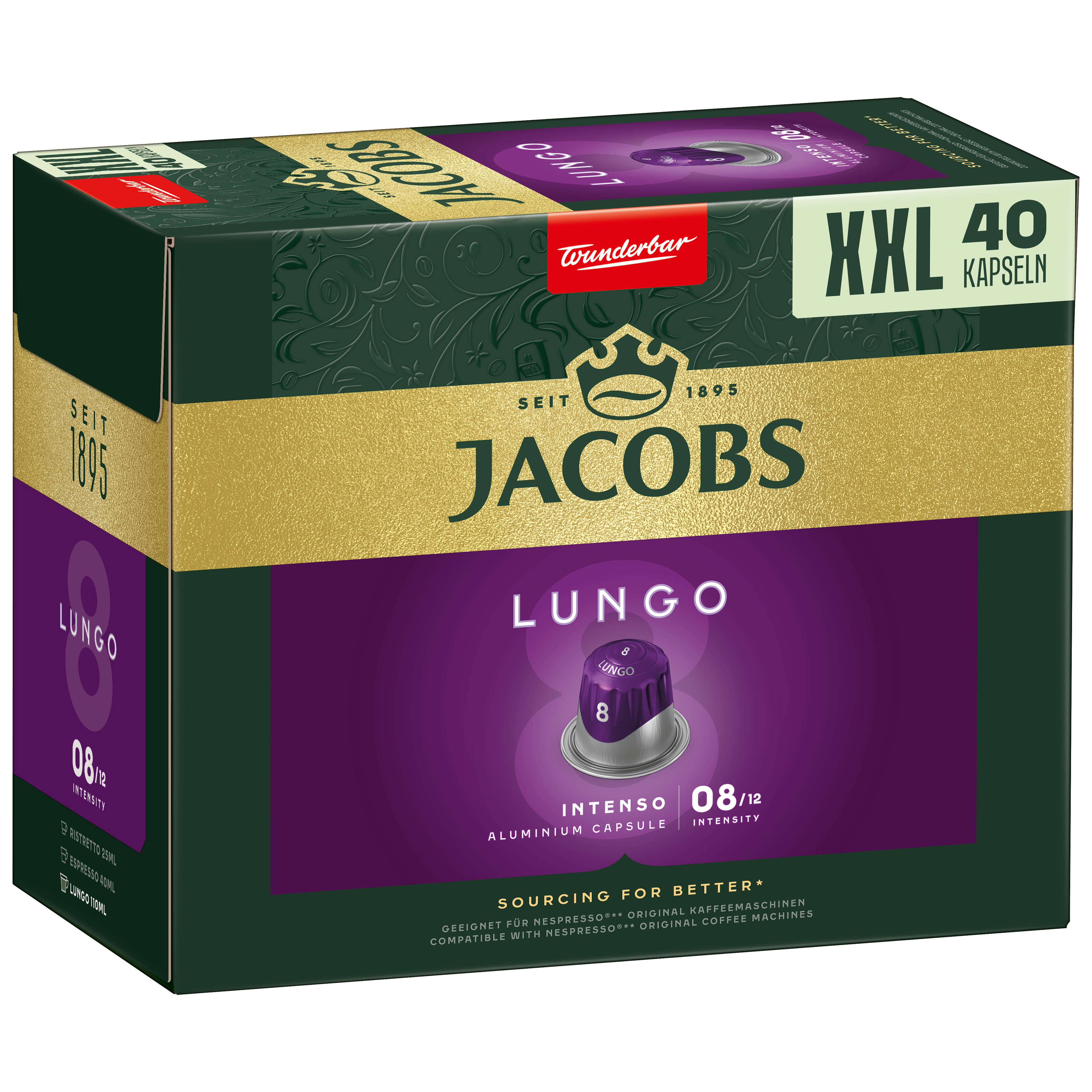 Jacobs Kaffeepackung mit 40 Kapseln. Die Packung ist dunkelgrün, gold und lila.