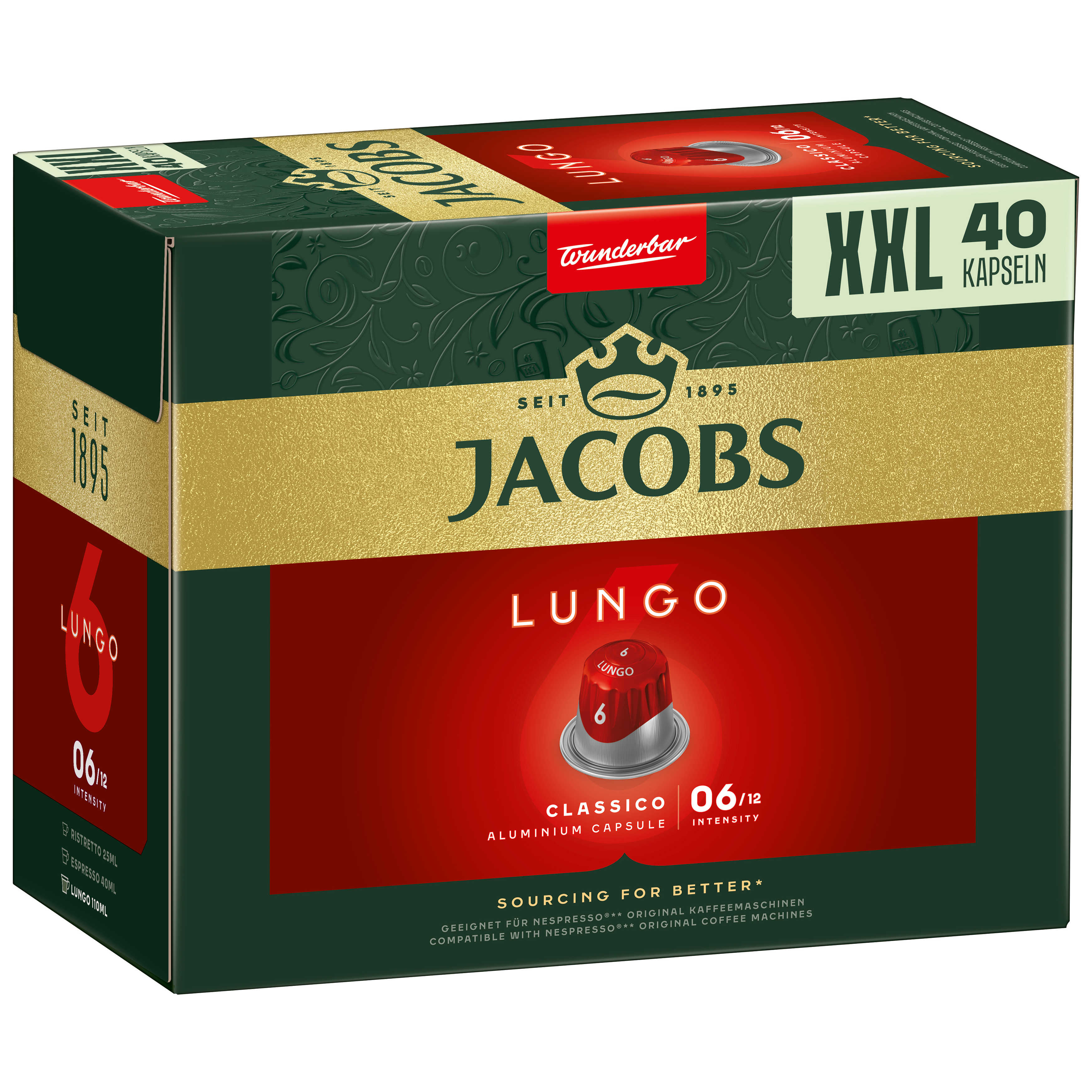 Eine Schachtel mit Jacobs Lungo Kaffeekapseln. Die Schachtel ist dunkelgrün und goldfarben mit Text und einem Bild.