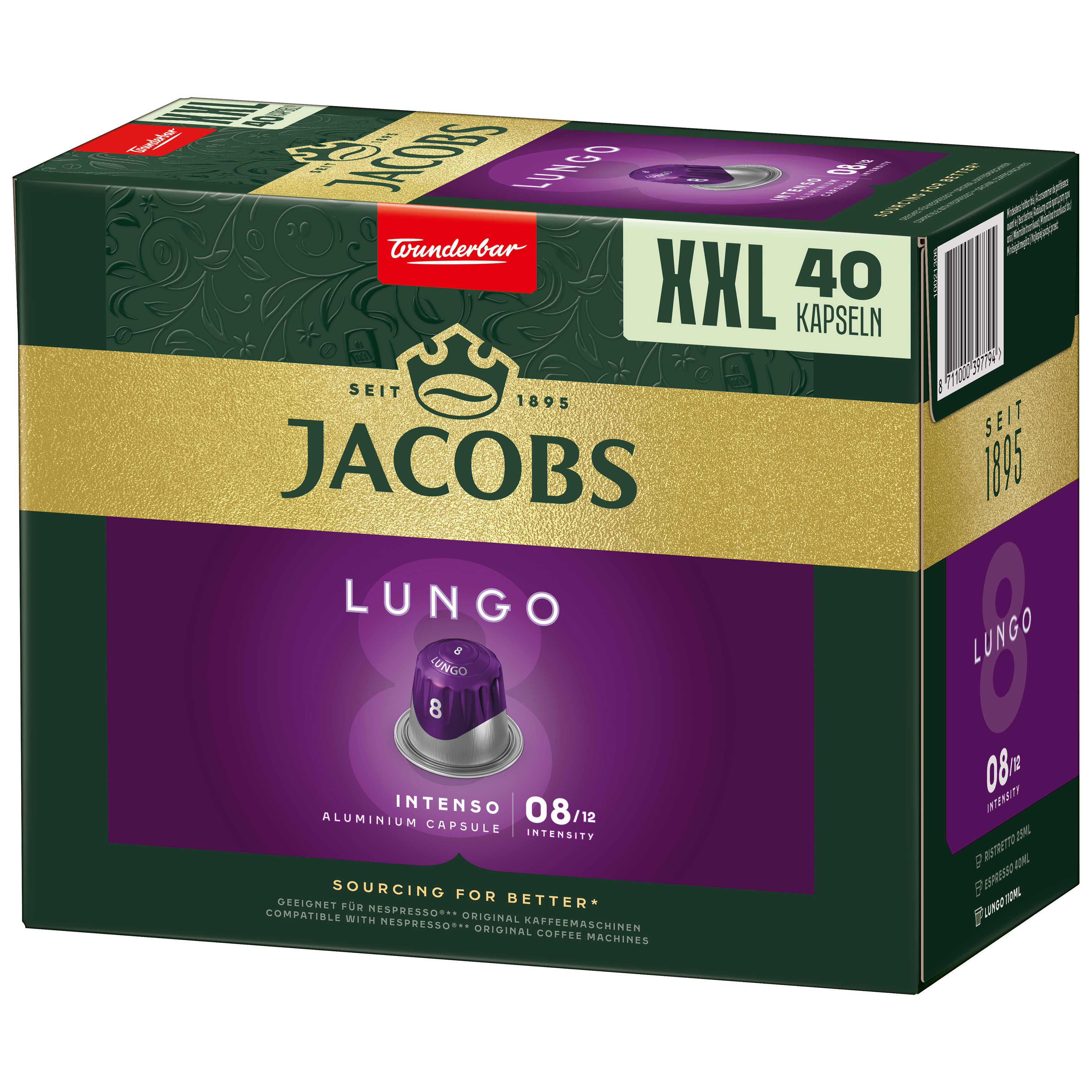Jacobs Kaffeepackung, grünes und goldenes Design, mit Kapseln, Produktdetails sichtbar.