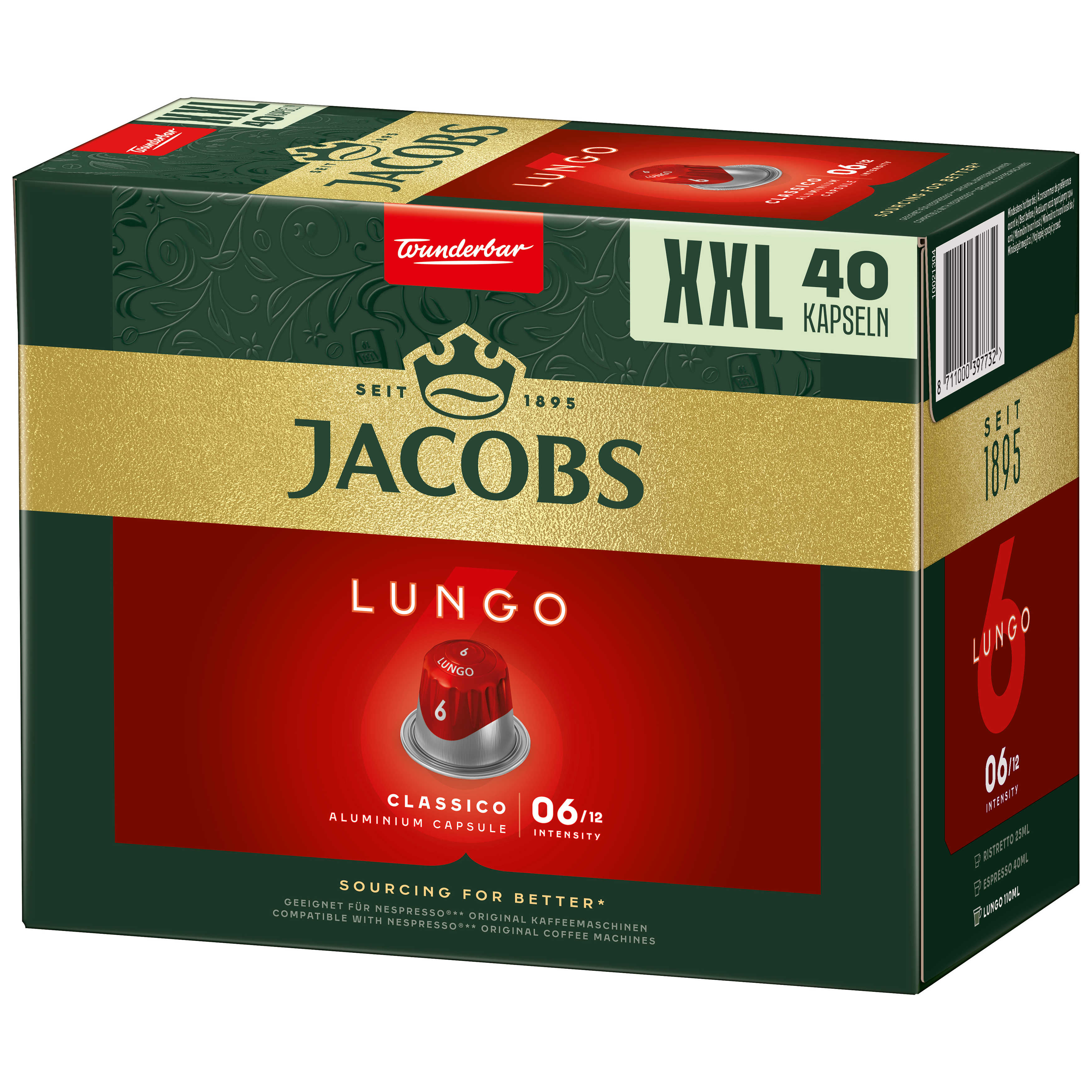 Jacobs Lungo Kapseln Box, grün und rot, mit Produktdetails und Kapseln sichtbar.
