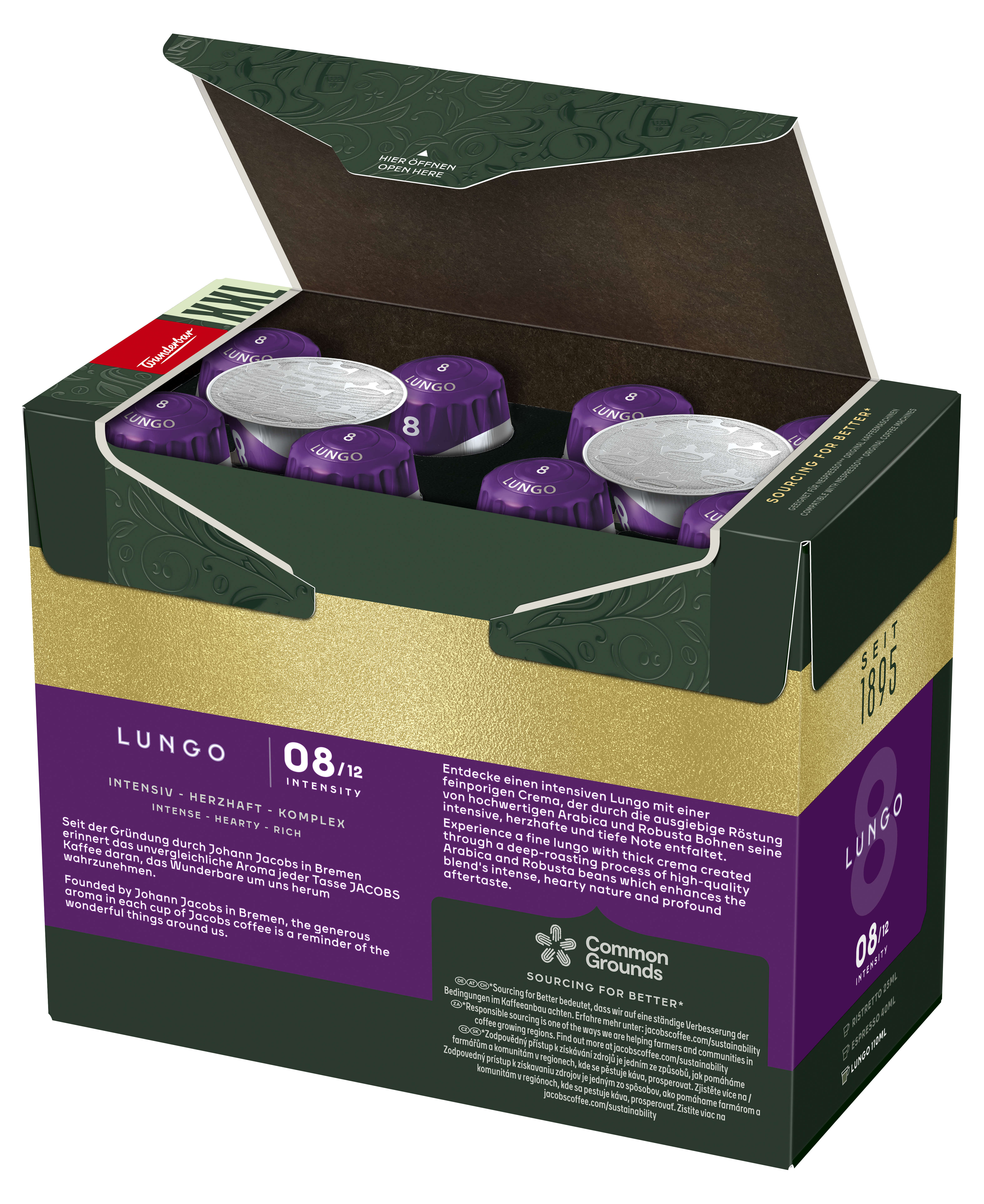 Eine Schachtel Kaffeepads. Text: Lungo 08/12 Intensität, intensiv, Herz, reich, komplex.