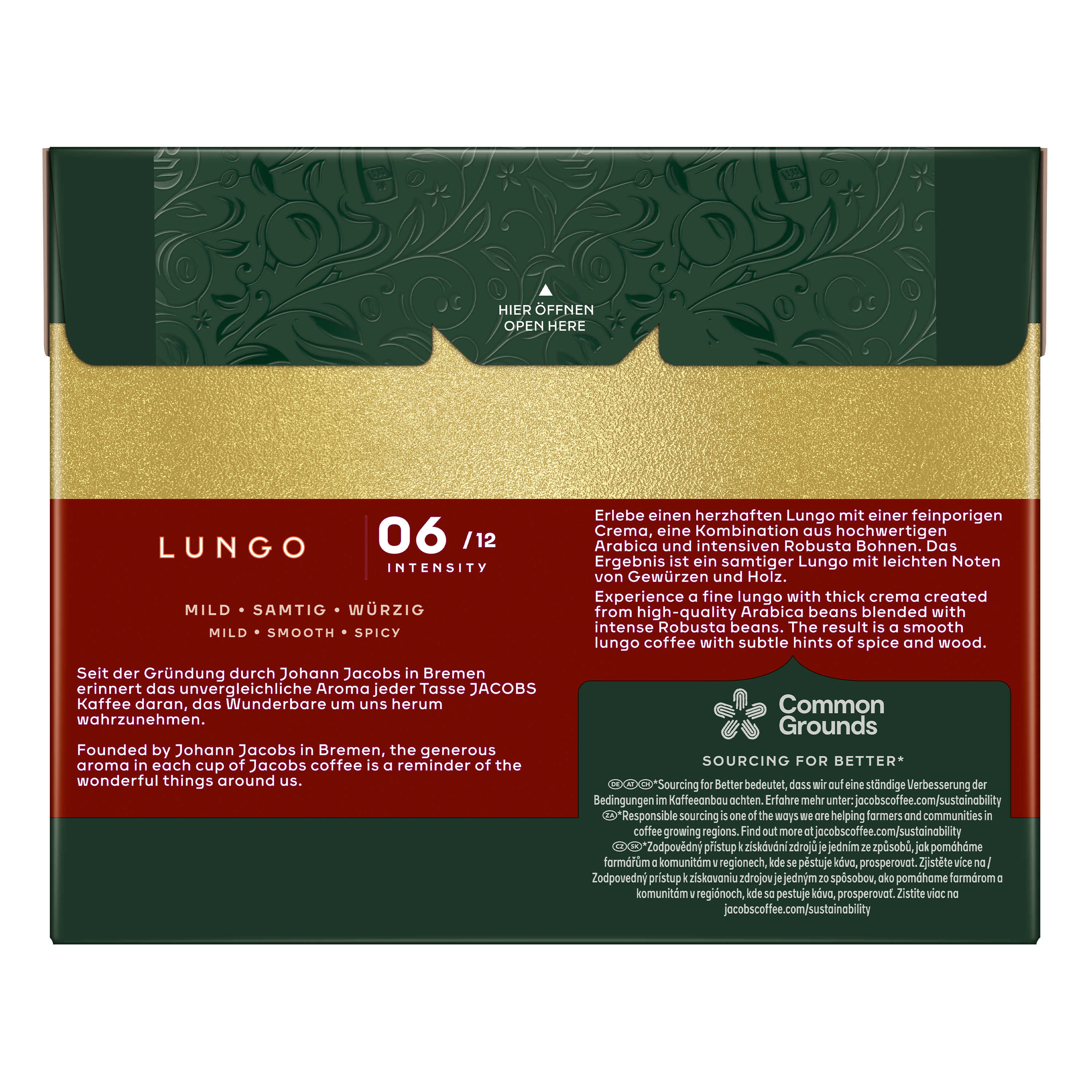 Kaffeeverpackung mit goldenem und dunkelgrünem Hintergrund, Text und Logo.