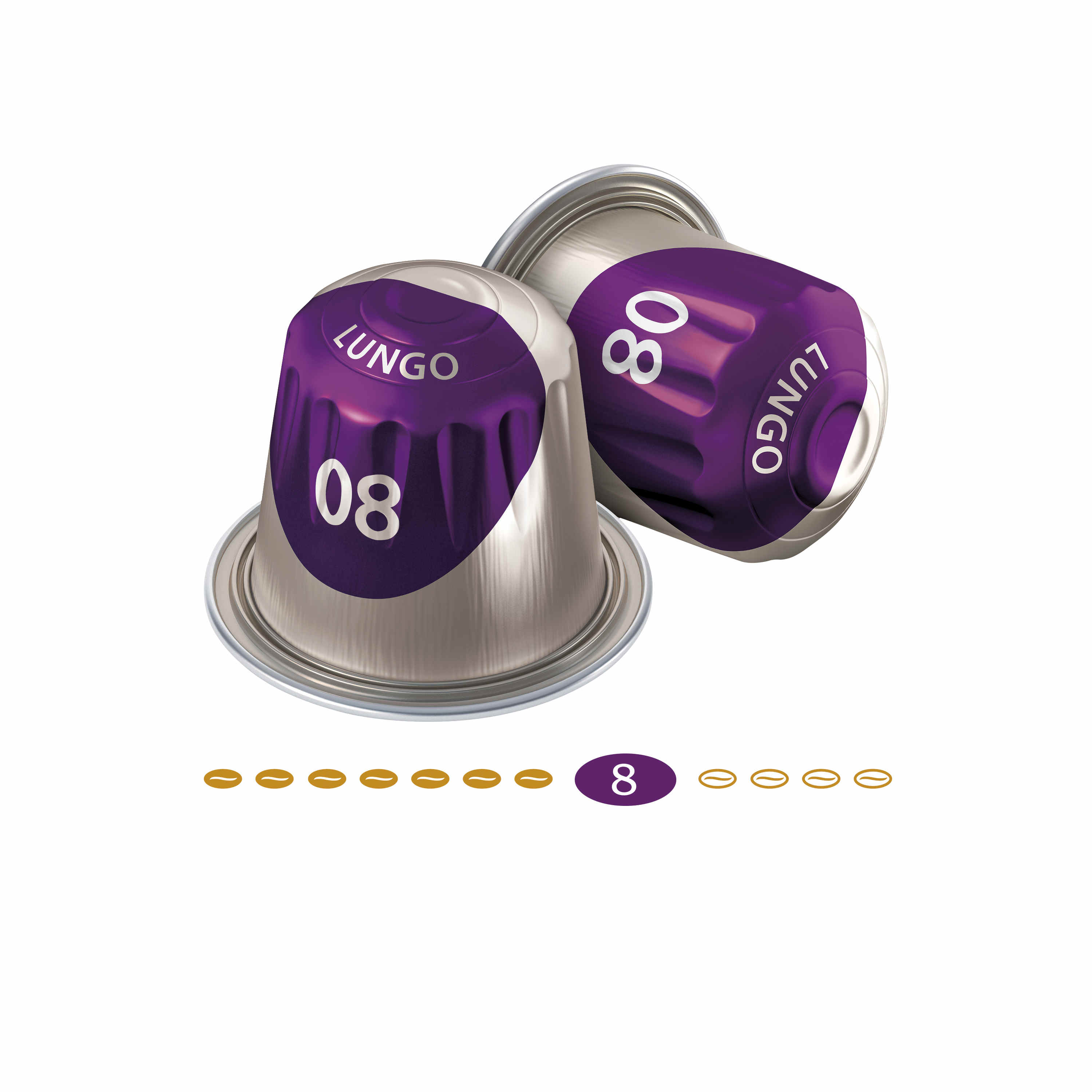 Drei Kaffeekapseln. Zwei sind violette 'Lungo 08' Kapseln. Goldene Kaffeebohnen darunter angeordnet.