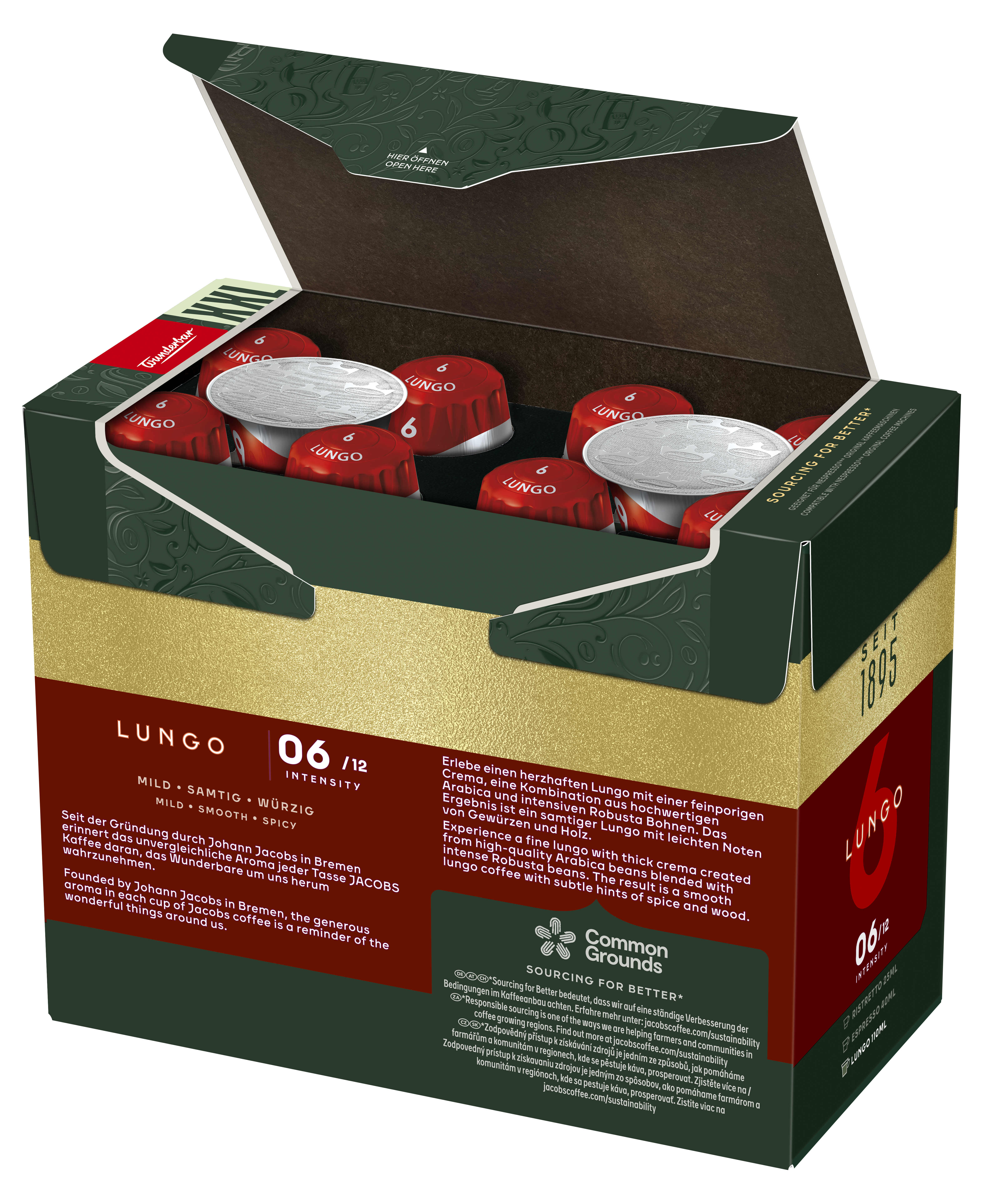 Geöffnete Kaffeepackung mit roten Kaffeekapseln. Text und Grafiken befinden sich auf der Packung.
