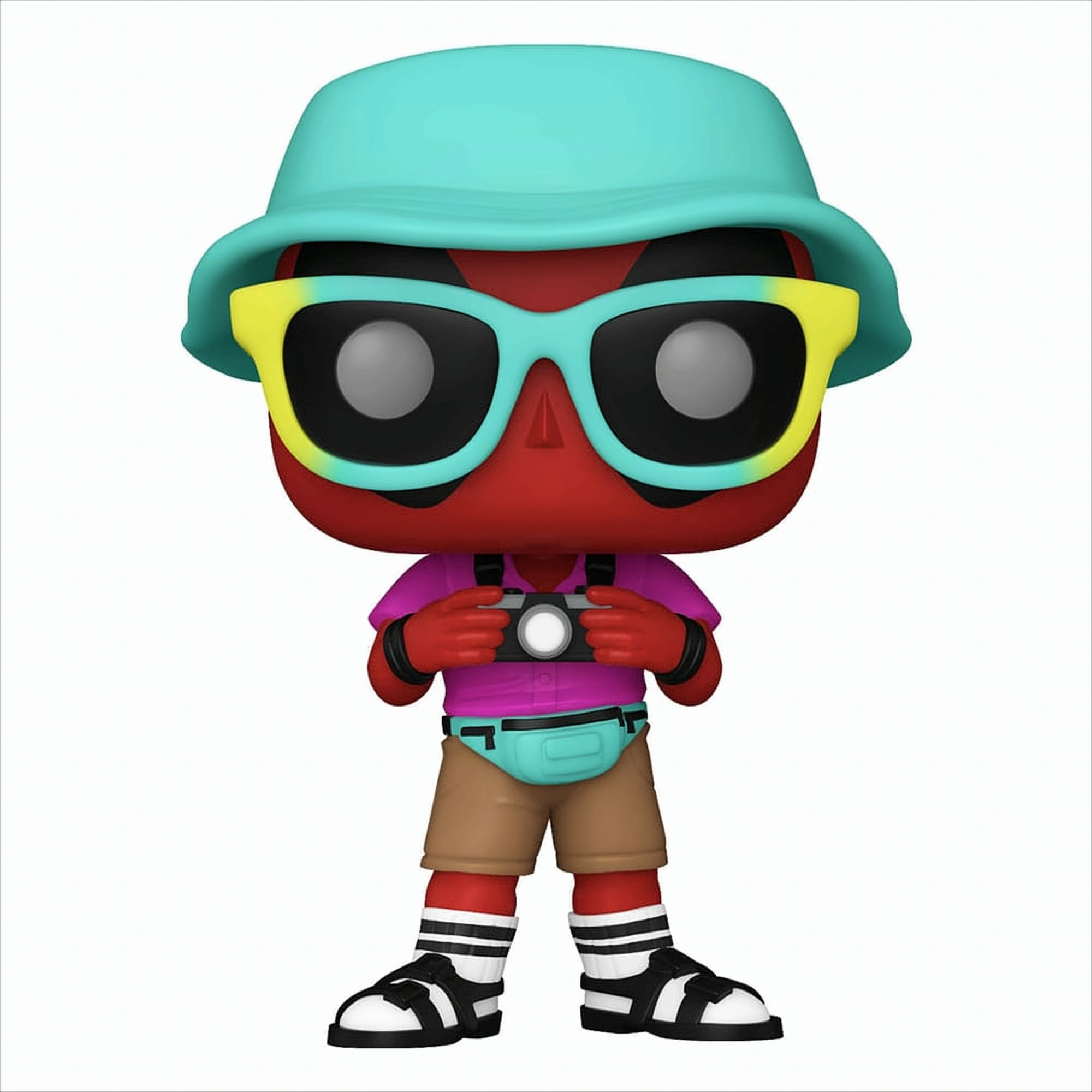 Figura Funko Pop de Deadpool con gafas de sol, sombrero, sosteniendo una cámara, con riñonera.