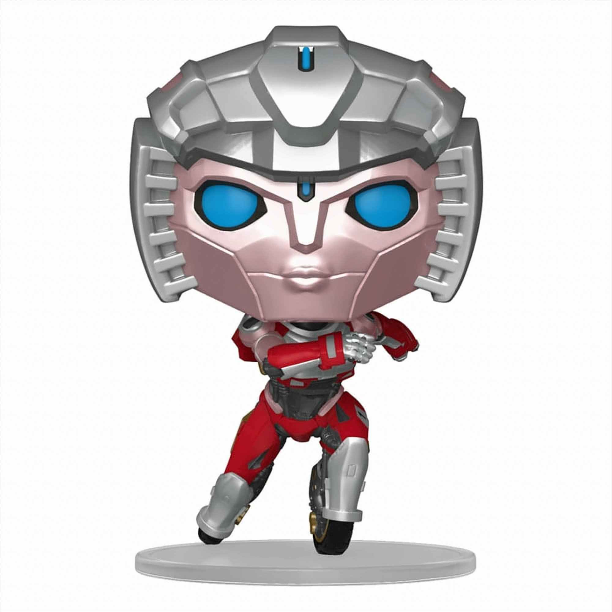 Una figura Funko Pop di un robot rosso e argento con occhi blu, in posa di corsa.