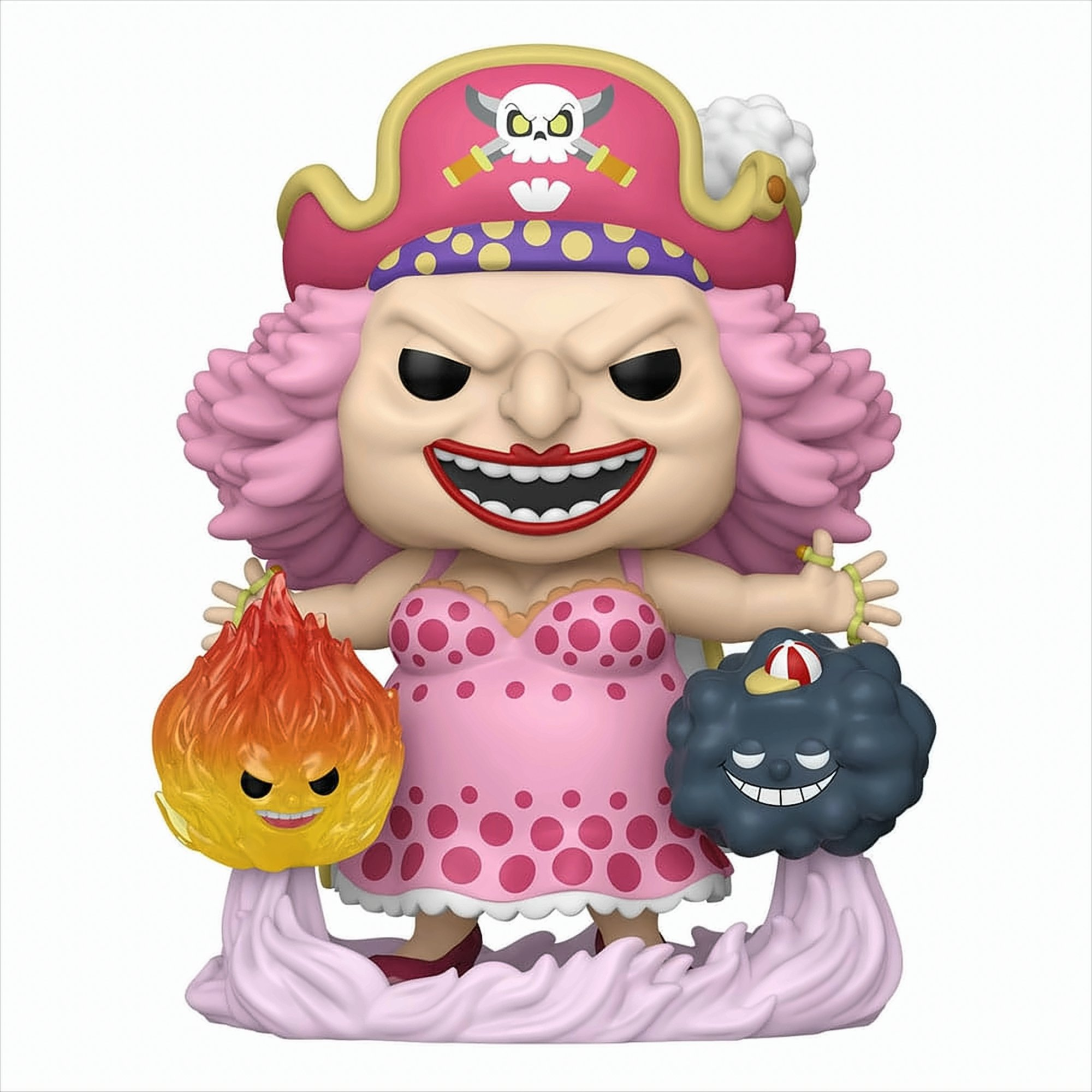 Eine große Big Mom Figur mit rosa Kleid. Sie hält ein Feuer und eine Wolke.