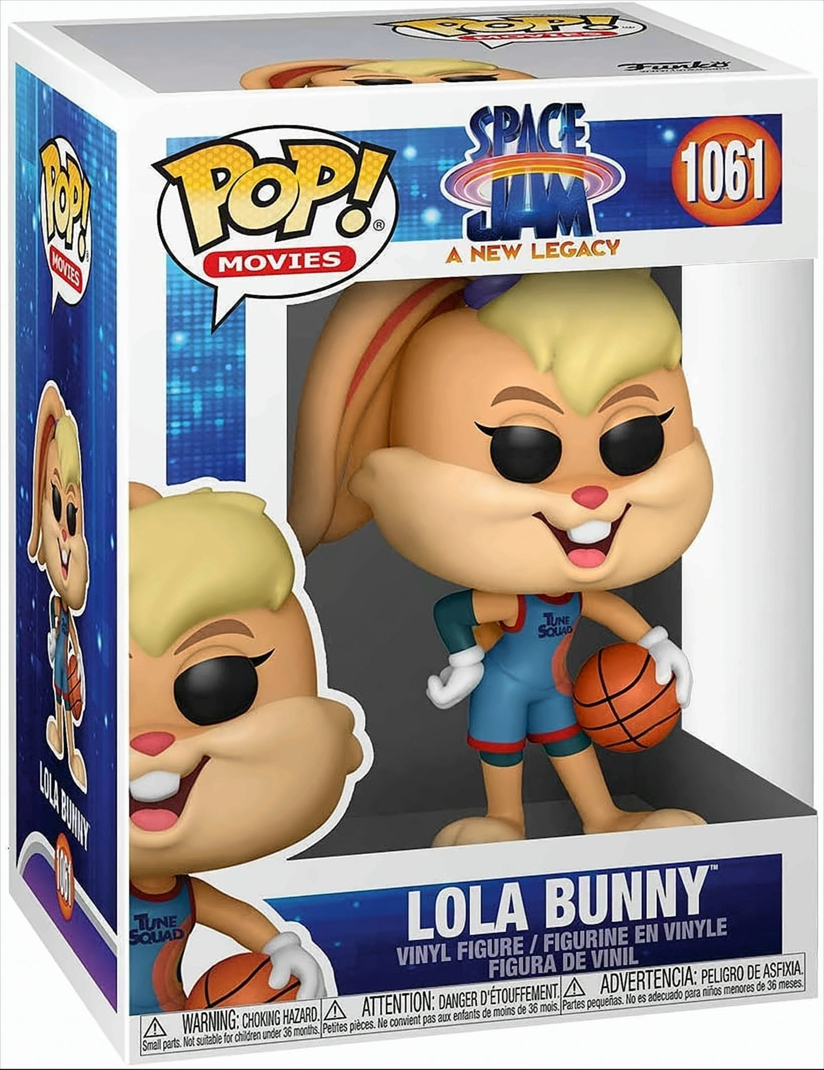 Lola Bunny Figur in einer Box, trägt eine Tune Squad Uniform, hält einen Basketball.