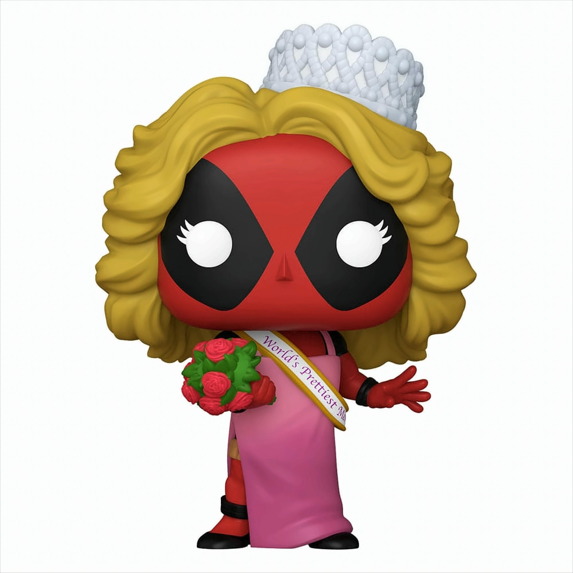 Eine Deadpool-Figur in einem Schönheitswettbewerbskleid, Krone und Schärpe. Er hält einen Rosenstrauß.