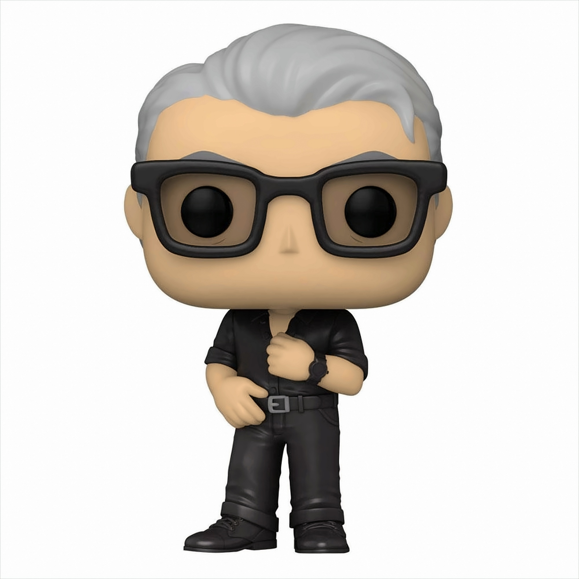 A Funko Pop figure of a man with glasses and a black outfit.