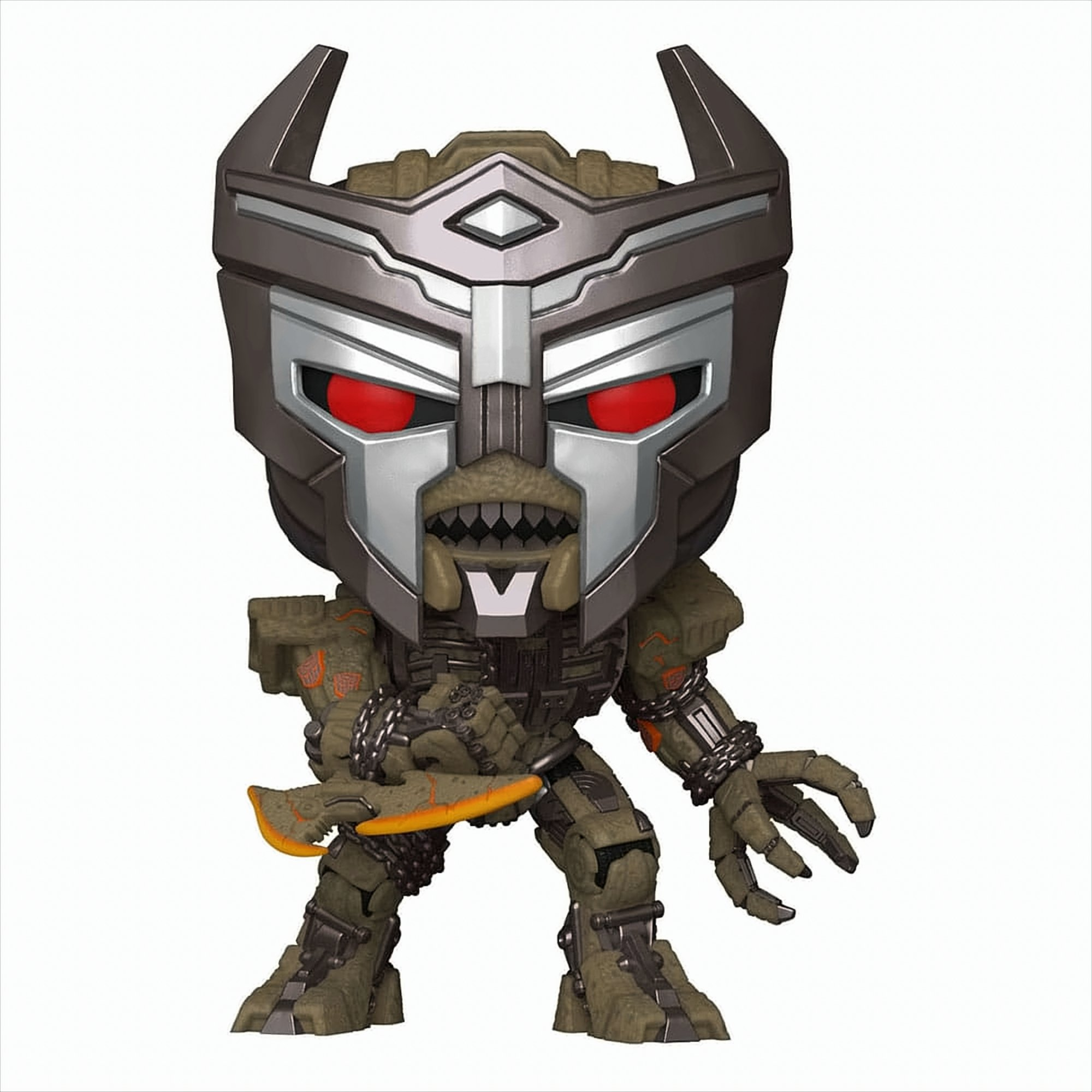 Una figura Funko Pop di un personaggio mostruoso con un elmo, che tiene in mano un'arma e delle catene.