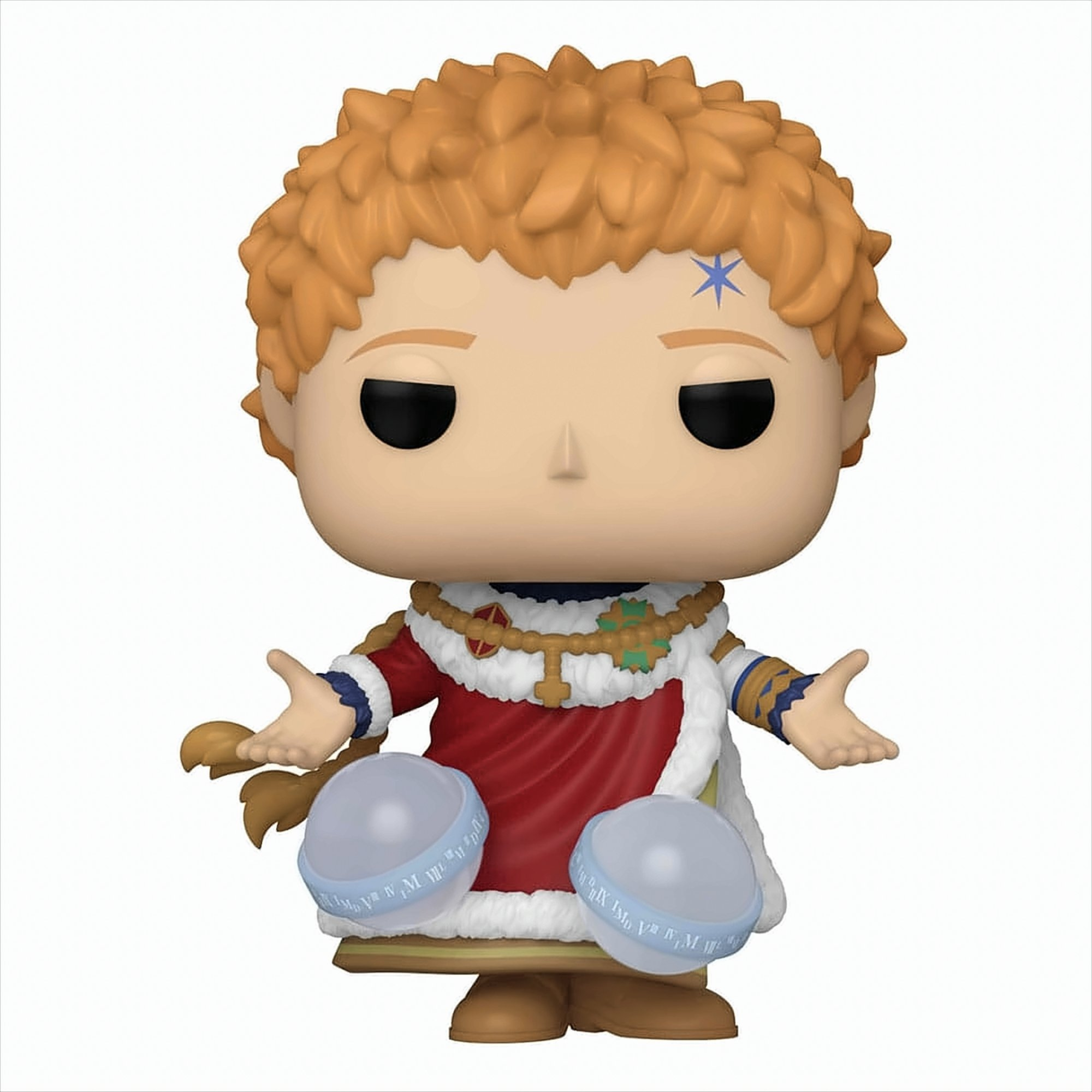 Figura Funko Pop de un personaje de dibujos animados. La figura sostiene dos esferas, tiene una corona y una capa roja.