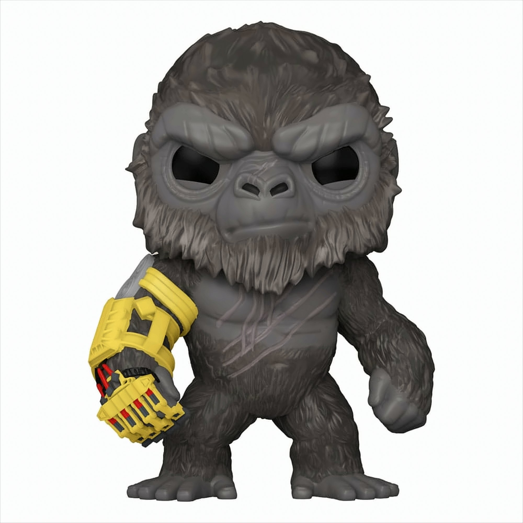 Figura di King Kong Funko Pop. Gorilla grigio con equipaggiamento per le braccia giallo.