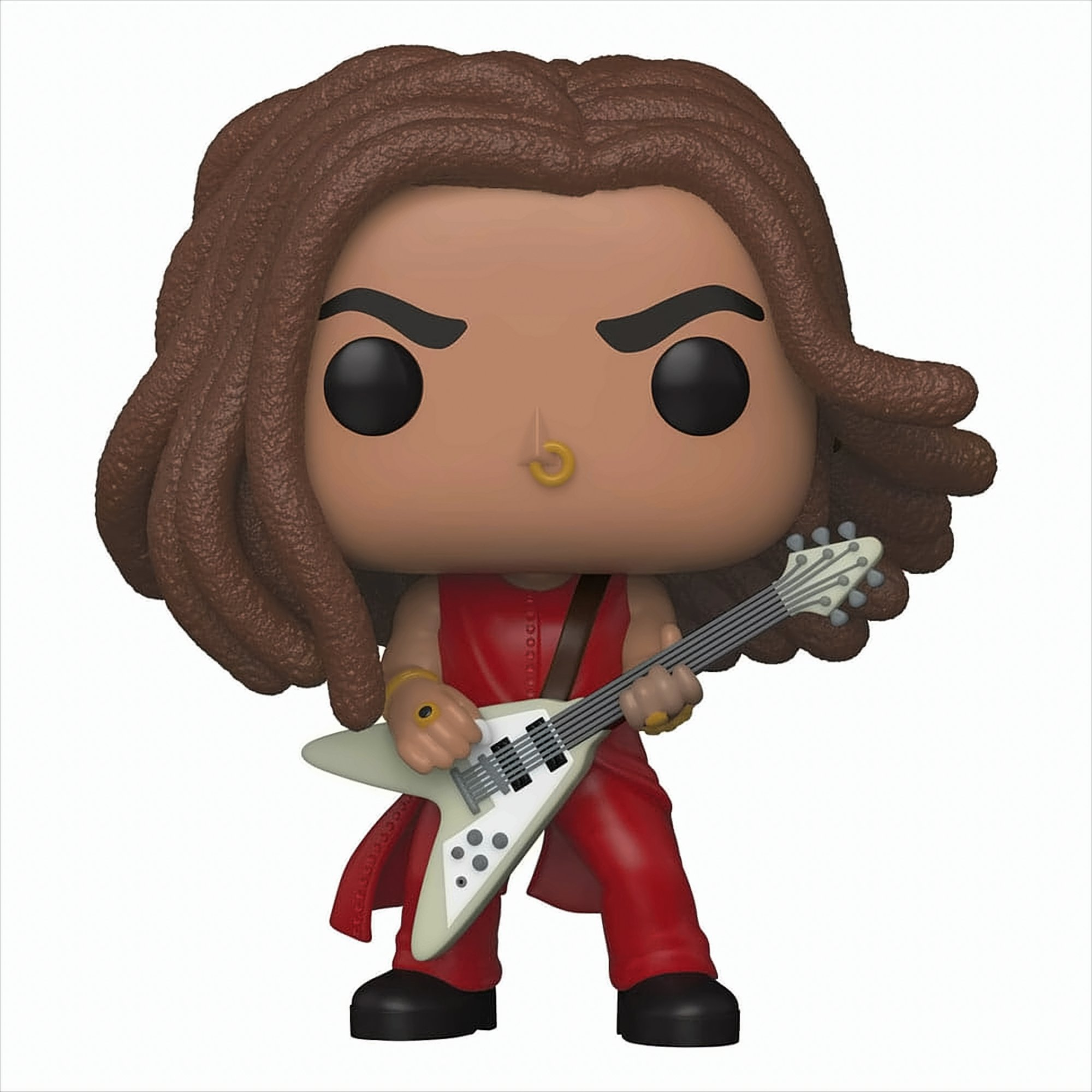 Funko Pop Figur eines Musikers mit braunen Dreadlocks, der eine weiße Gitarre hält. Weißer Hintergrund.