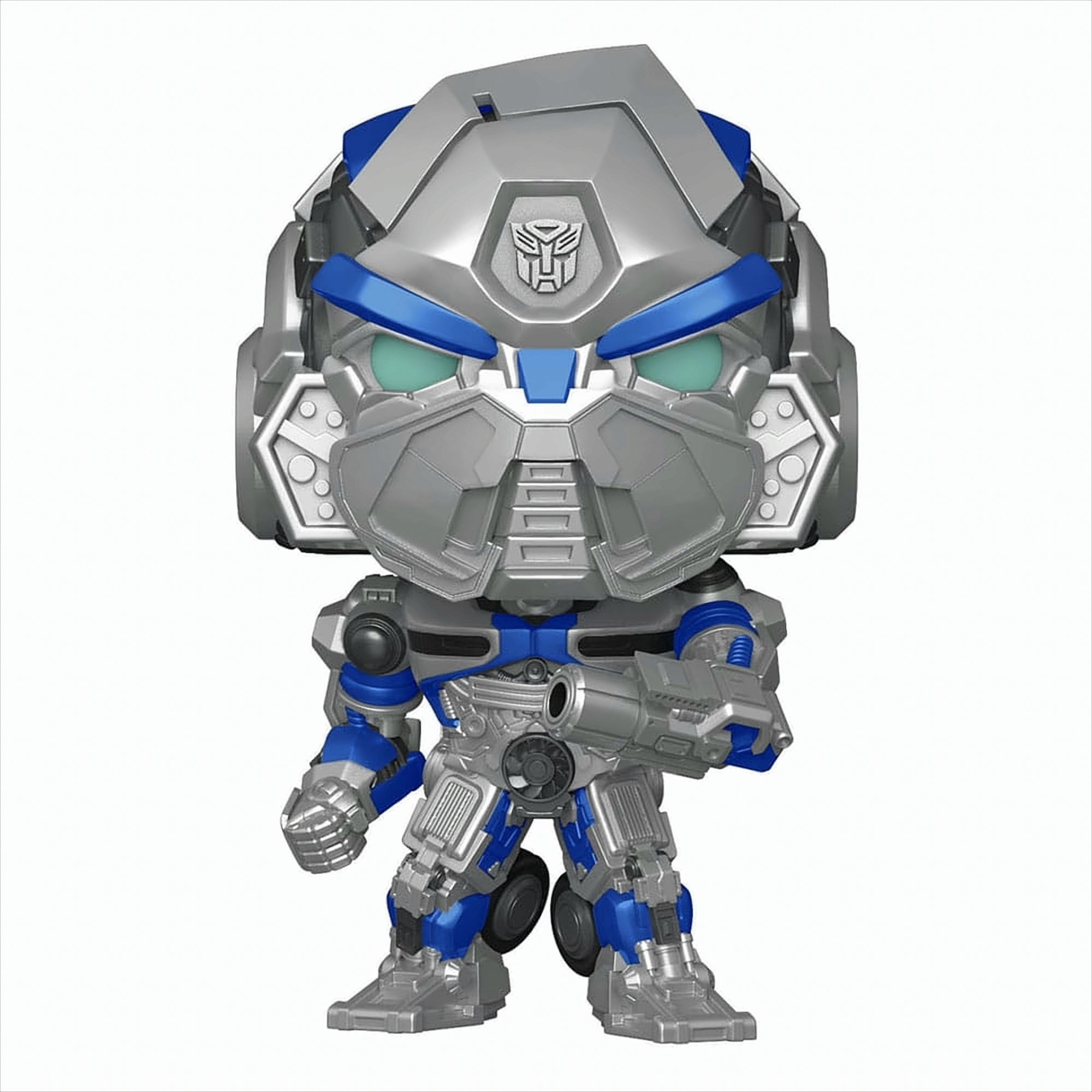 Transformator-Spielzeugfigur. Silberner und blauer Roboter mit Waffe, aufrecht stehend.