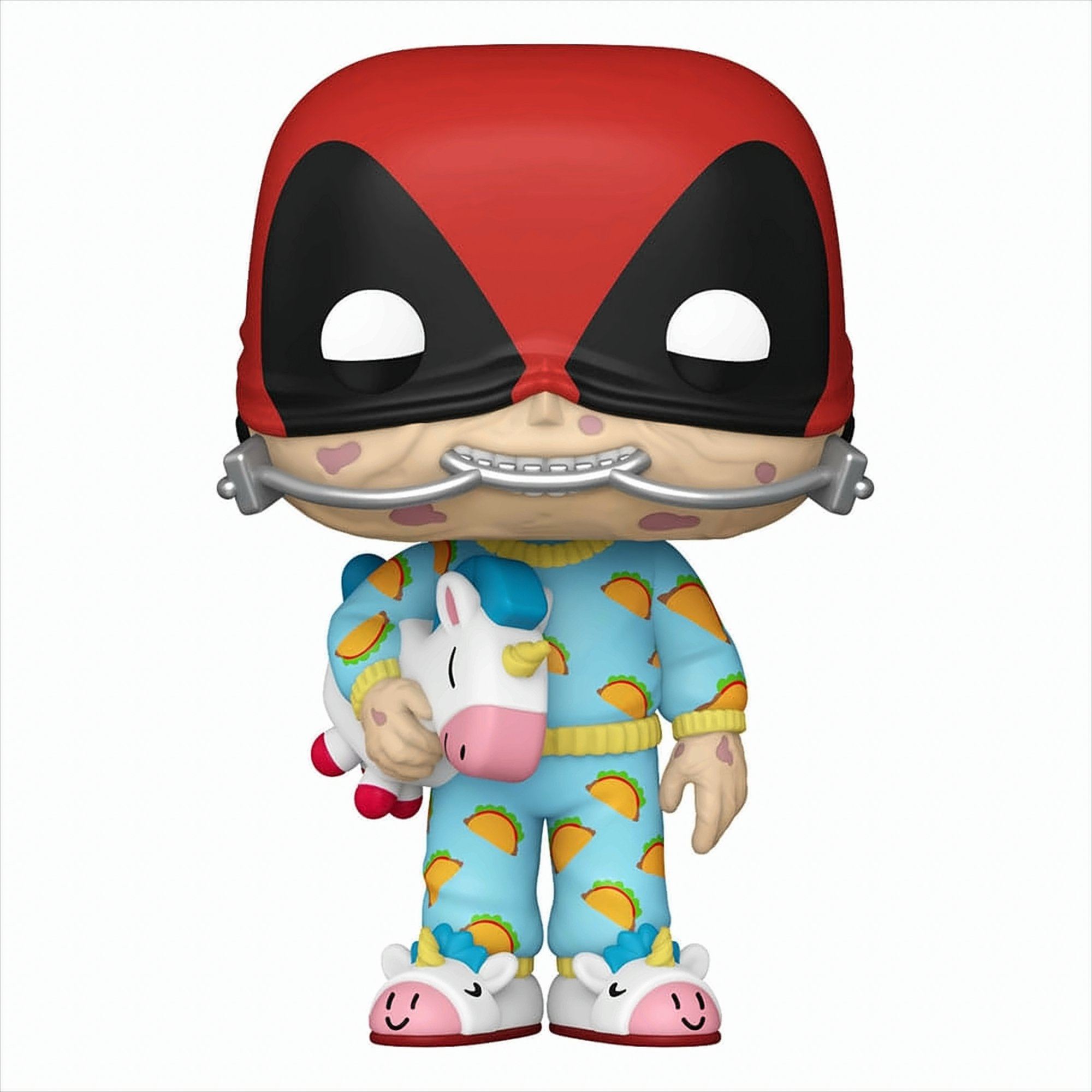 Figura di Deadpool Funko Pop in pigiama, con un giocattolo a forma di unicorno e una maschera rossa.