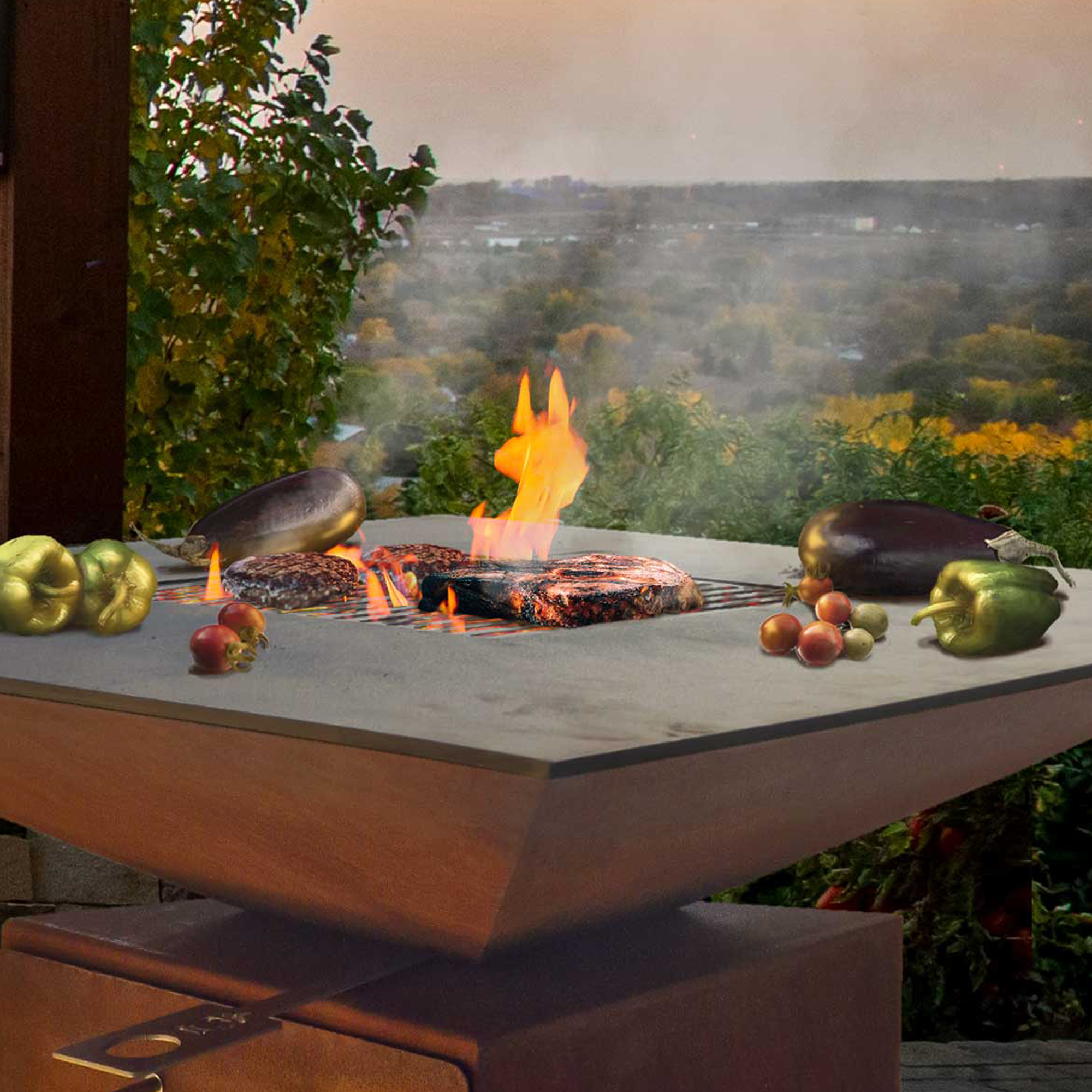 Outdoor-Grill mit Flammen, die Essen zubereiten. Gemüse an den Seiten, Bäume und Himmel im Hintergrund.