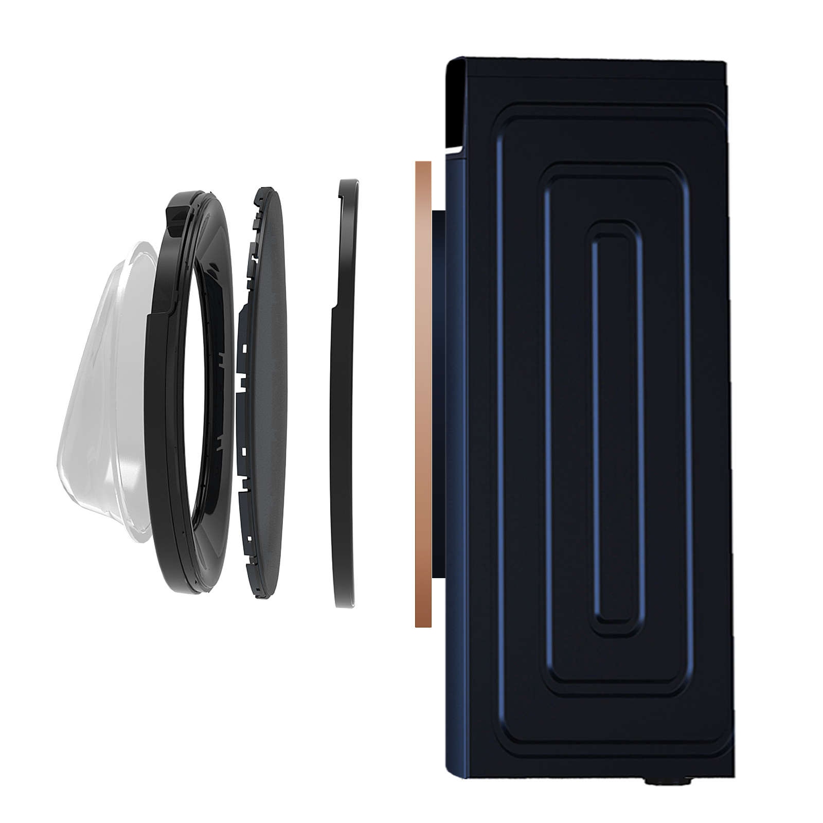 Exploded view van een zwarte luchtreiniger. Toont de onderdelen van de reiniger, inclusief filters.