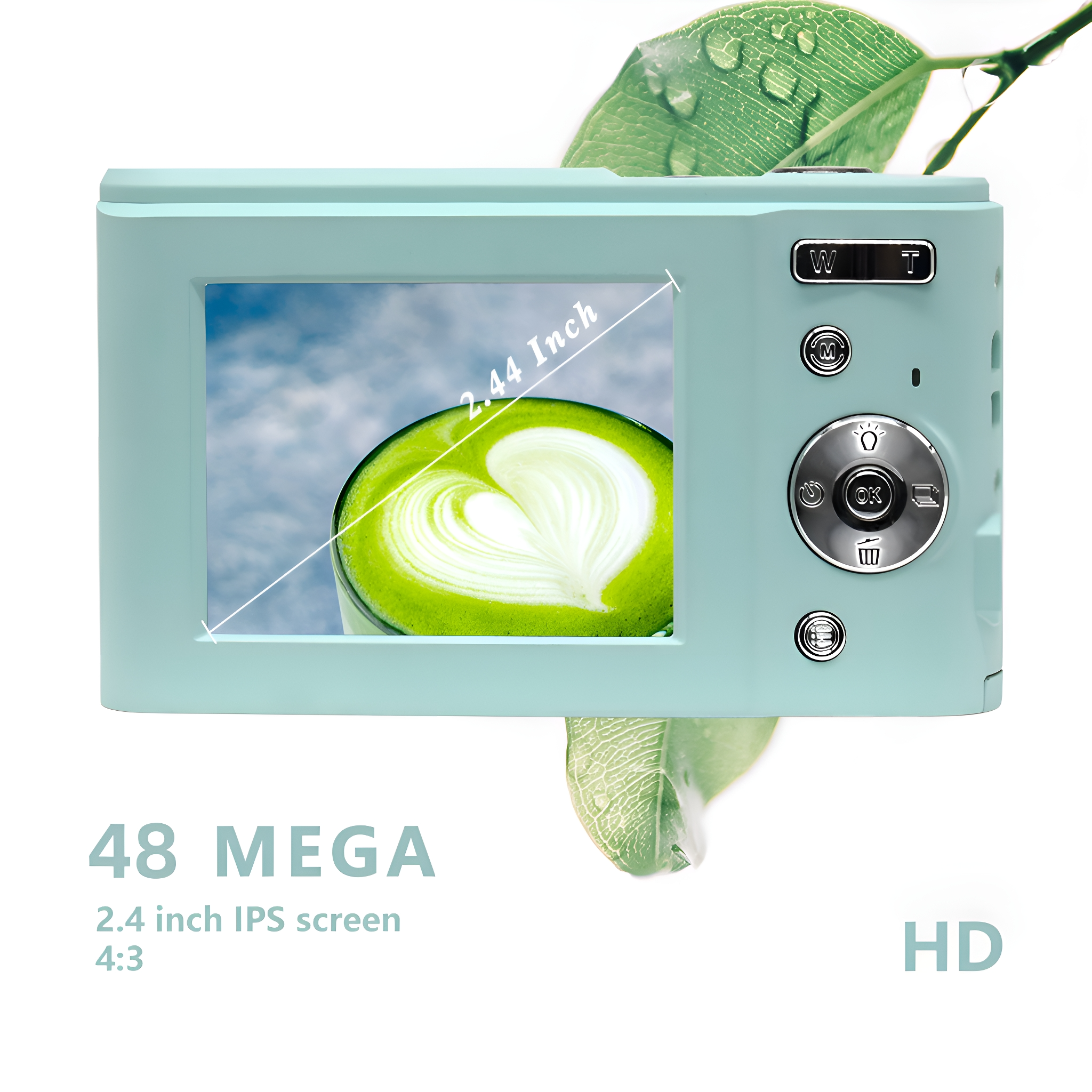 Eine mintgrüne Digitalkamera, die ein Foto eines herzförmigen Matcha Latte anzeigt.