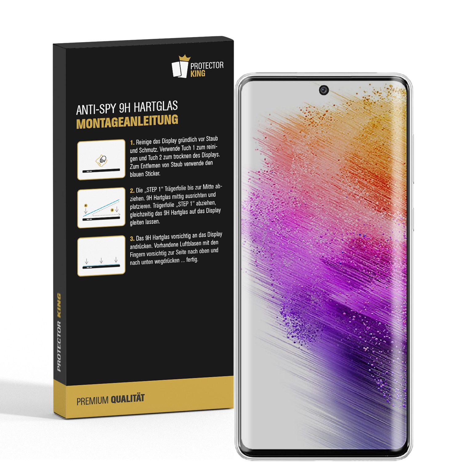 Handy-Displayschutzfolien-Box und ein Handy mit Displayschutzfolie. Anweisungen werden gezeigt.