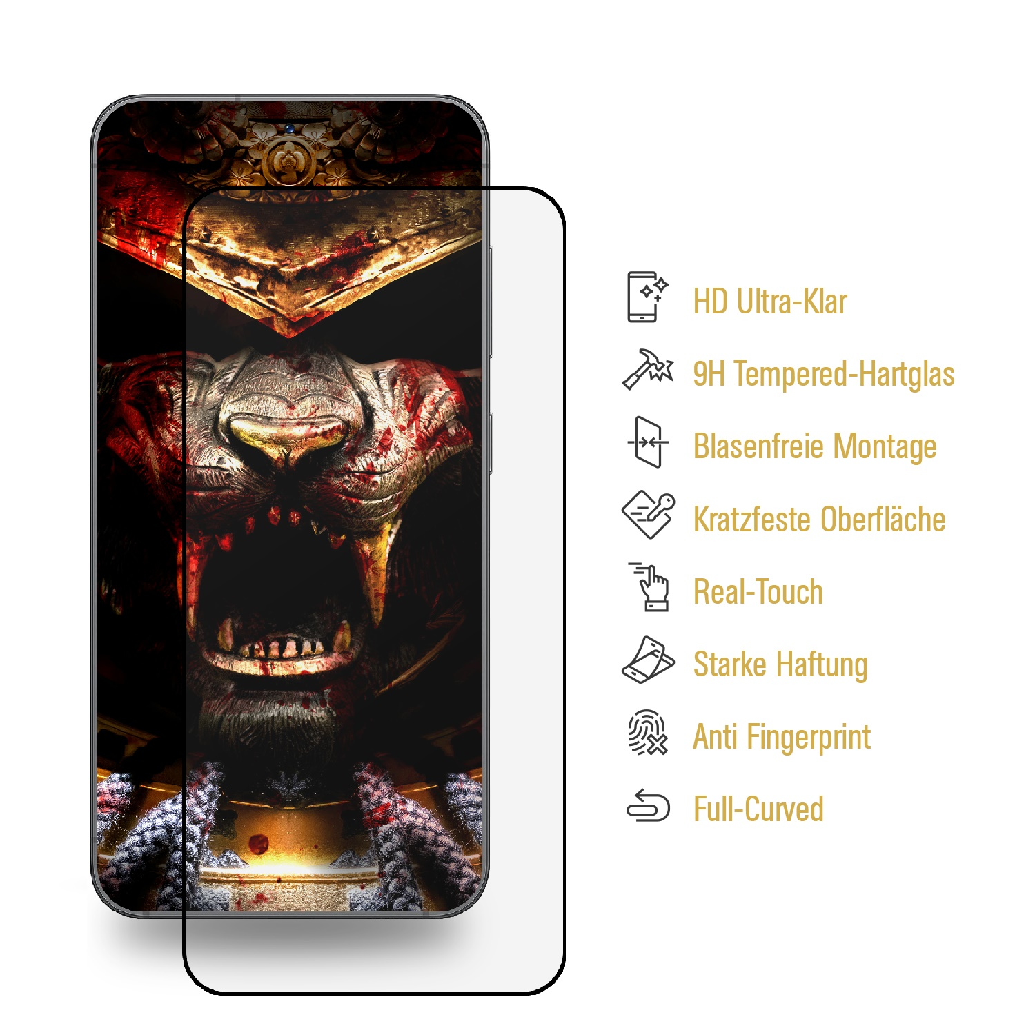 Displayschutzfolie für das Telefon zeigt eine Löwengesicht-Illustration mit Schutzfunktionen.