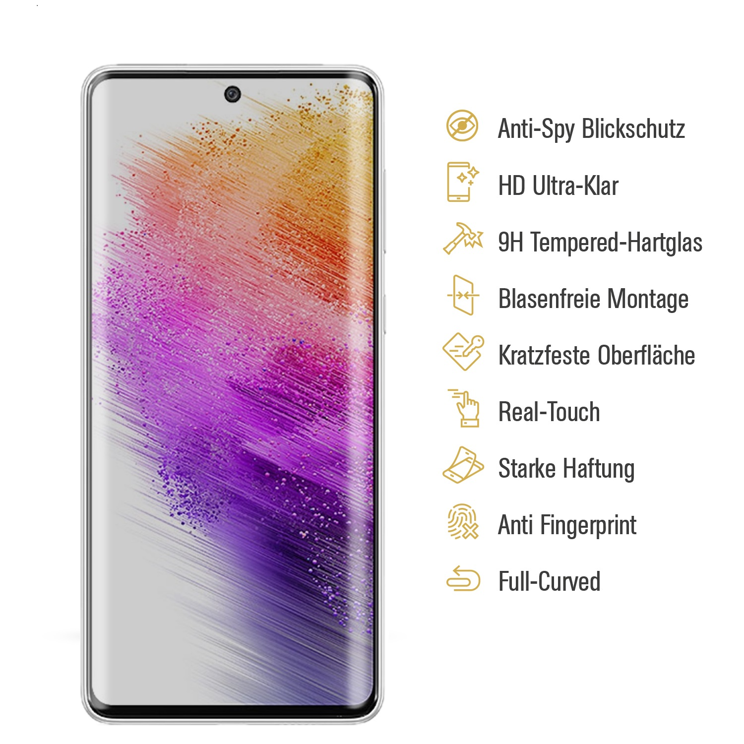 Ein Displayschutz für Telefone mit Text und Symbolen, die Funktionen beschreiben, und ein Telefon.