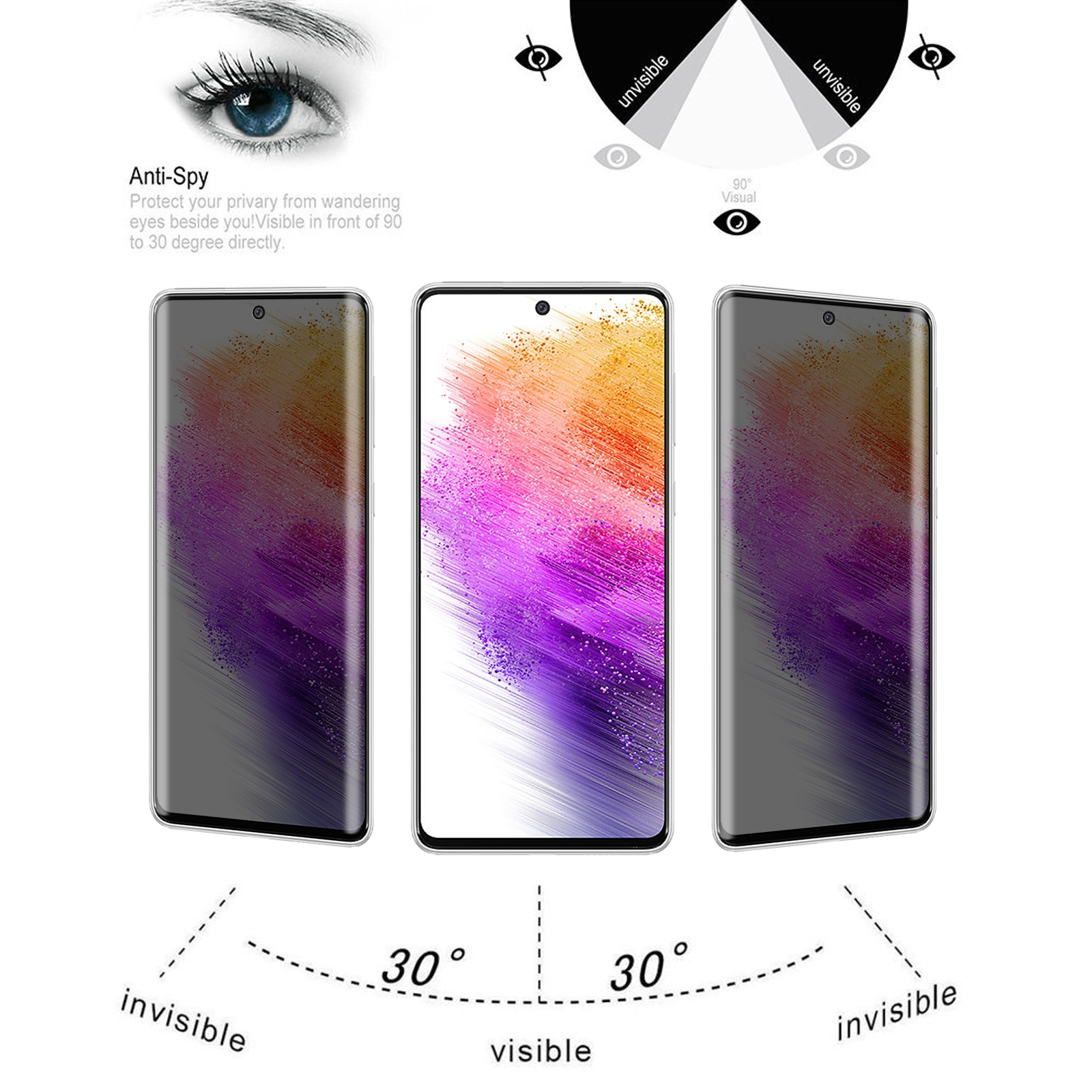 Diagramm, das einen Telefonbildschirm mit einem Sichtschutz zeigt, der 30-Grad-Betrachtungswinkel hat.
