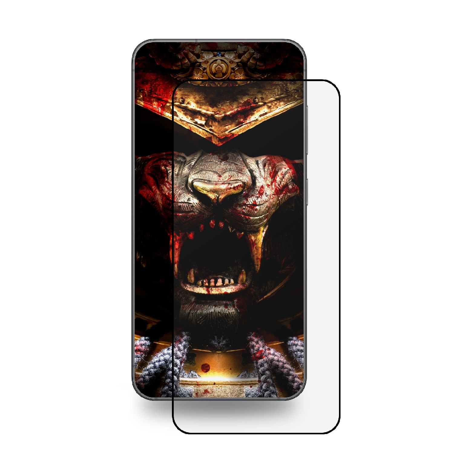 Ein Smartphone mit Displayschutz. Der Bildschirm zeigt einen Samurai-Krieger mit Blutdetails.