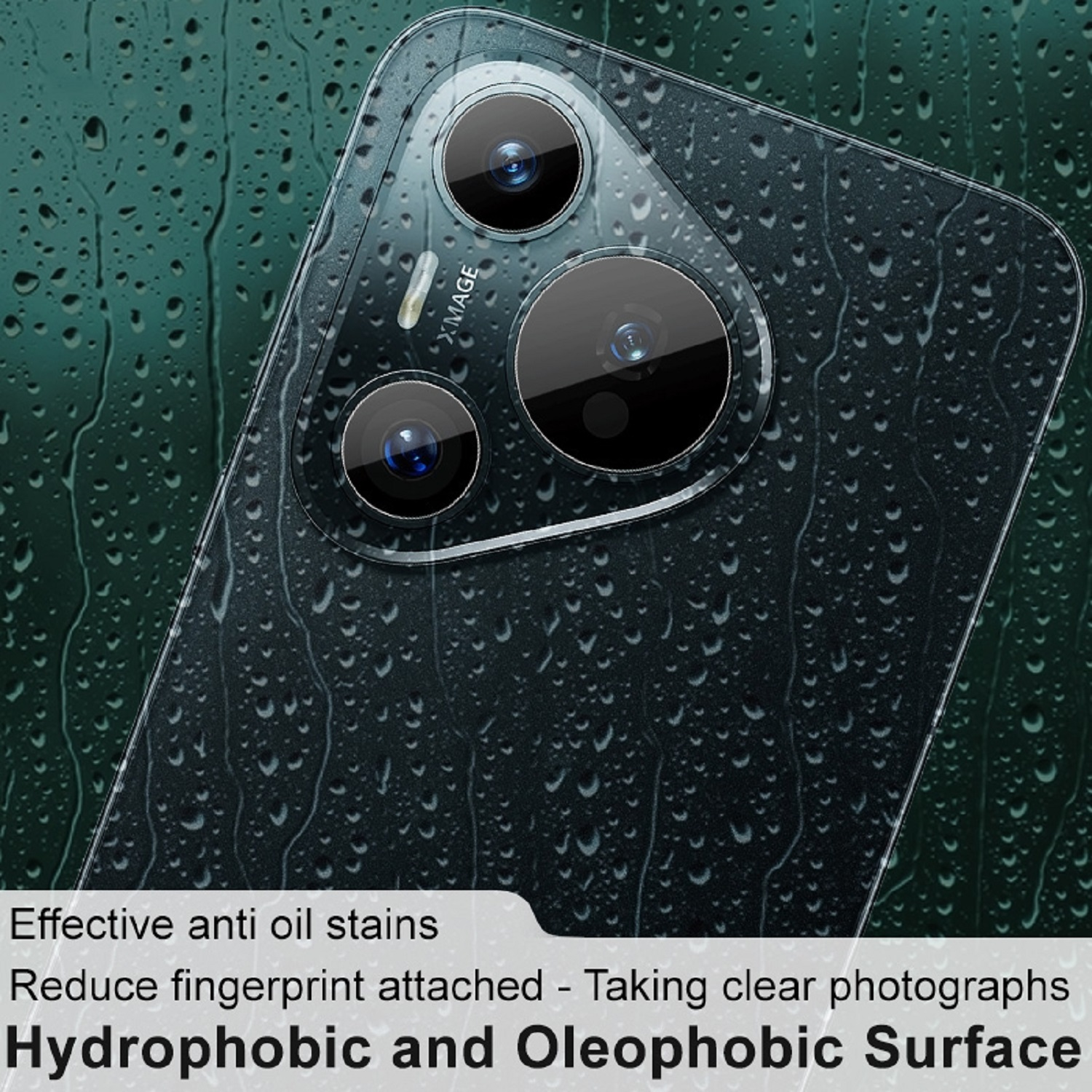 Ein Telefon mit Displayschutz. Regentropfeneffekt. Text: Hydrophobe und oleophobe Oberfläche.