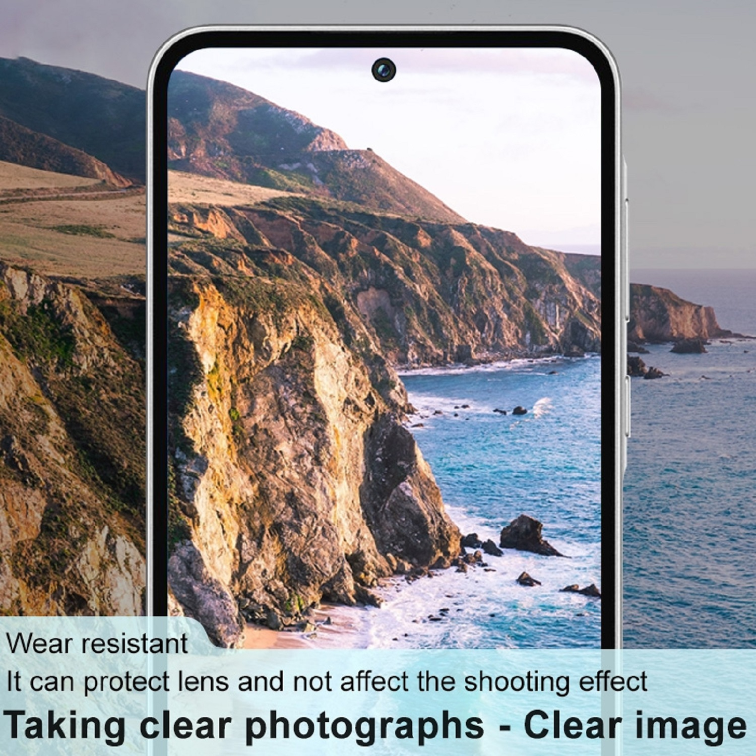 Smartphone-Bildschirm mit Ozeanfelsen und Landschaft. Text weist auf Verschleißfestigkeit, klares Bild hin.