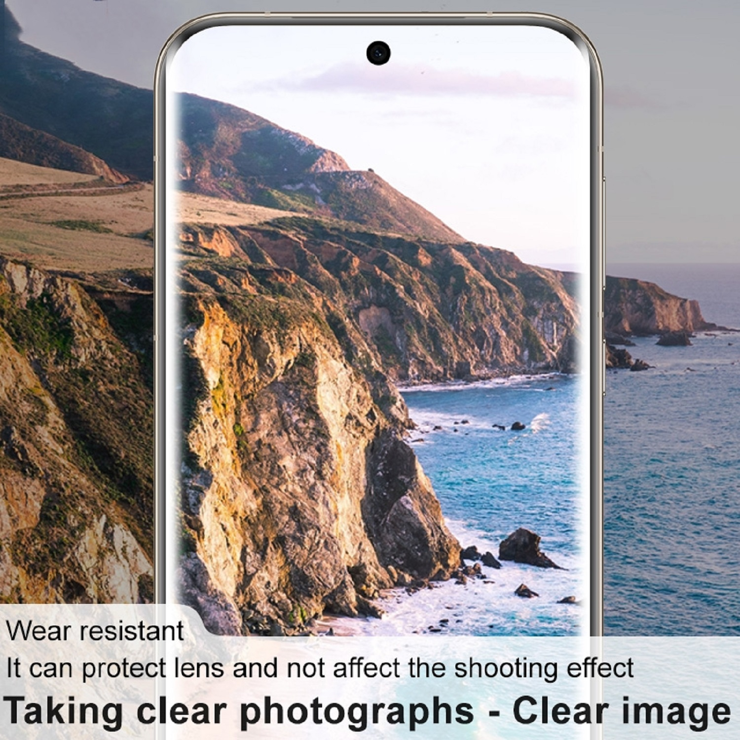Ein Smartphone-Bildschirm, der eine Landschaft zeigt, mit einem Displayschutz davor.