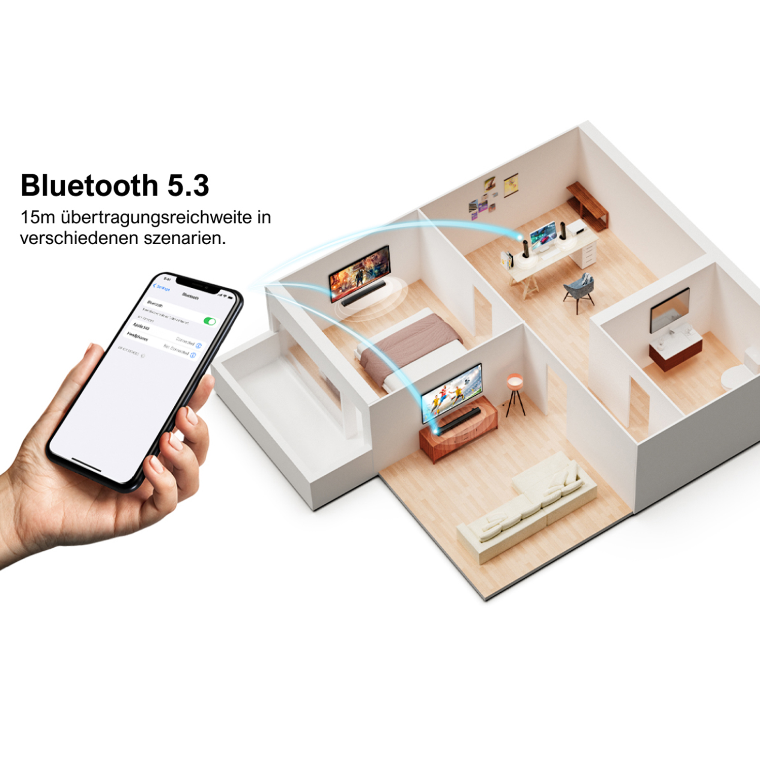 Osoba trzymająca telefon z kontrolą inteligentnego domu, układ pokoju z urządzeniami.