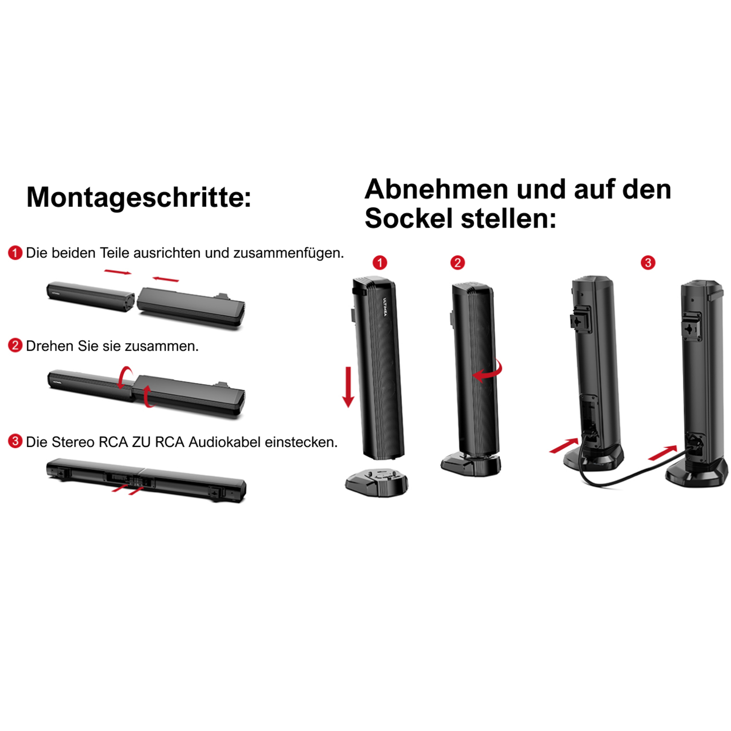 Montageanleitung für eine schwarze Soundbar. Die Schritte 1, 2 und 3 werden gezeigt.
