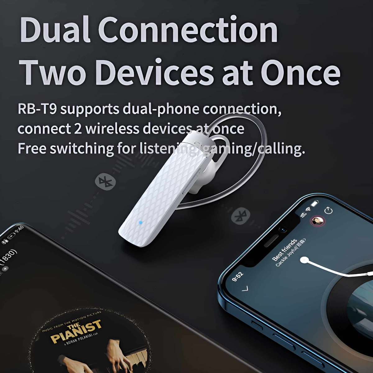 Kabelloser Ohrhörer mit Telefon und Text über Dual-Connection auf blauem Hintergrund.