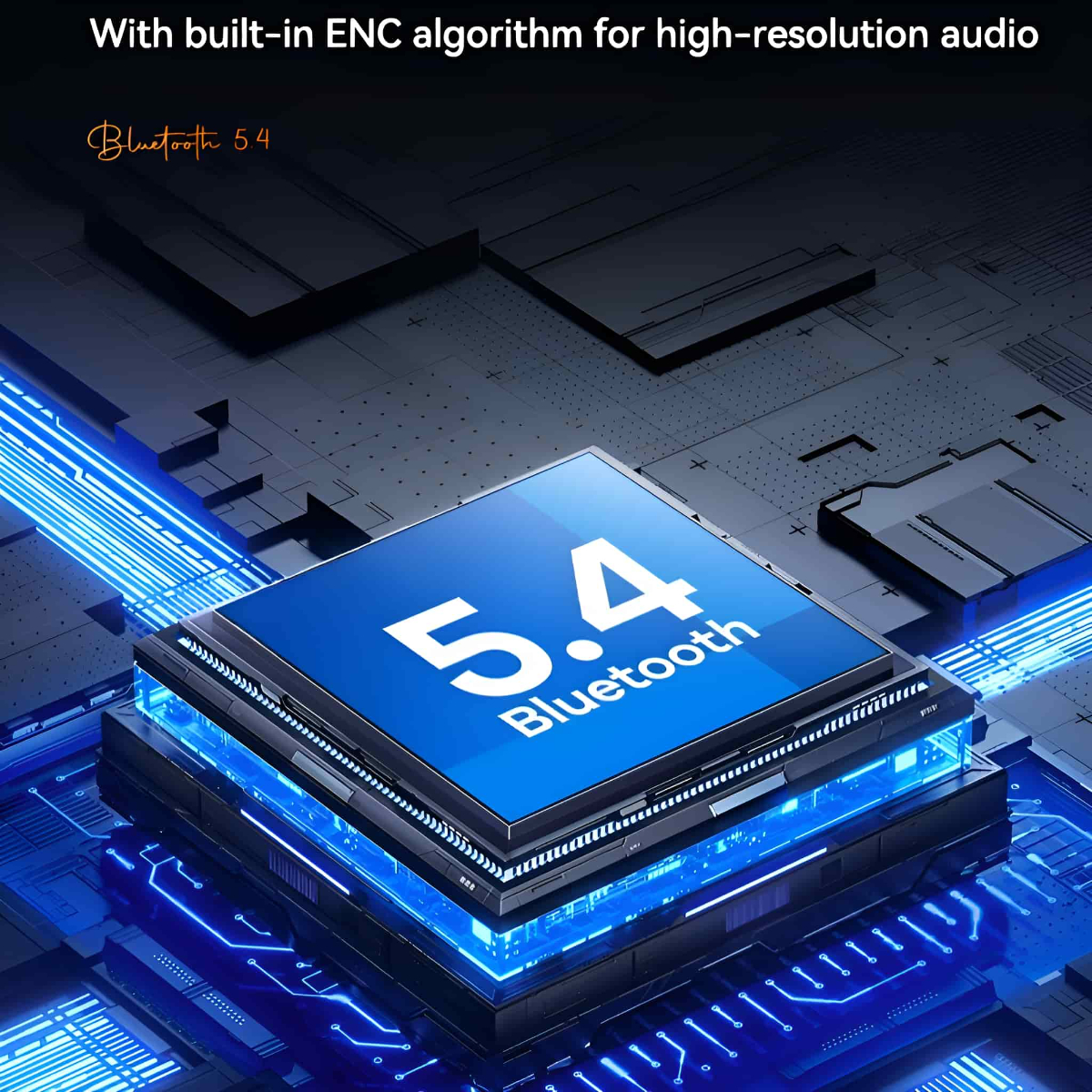 Bluetooth 5.4 Chip. Text: Mit integriertem ENC-Algorithmus für hochauflösendes Audio.
