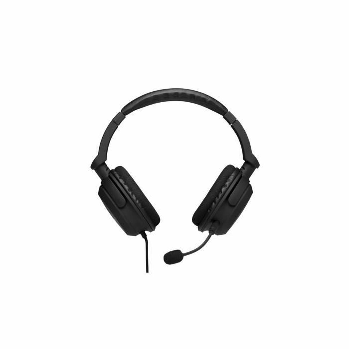 Zwarte over-ear hoofdtelefoon met microfoon, geïsoleerd op een witte achtergrond.