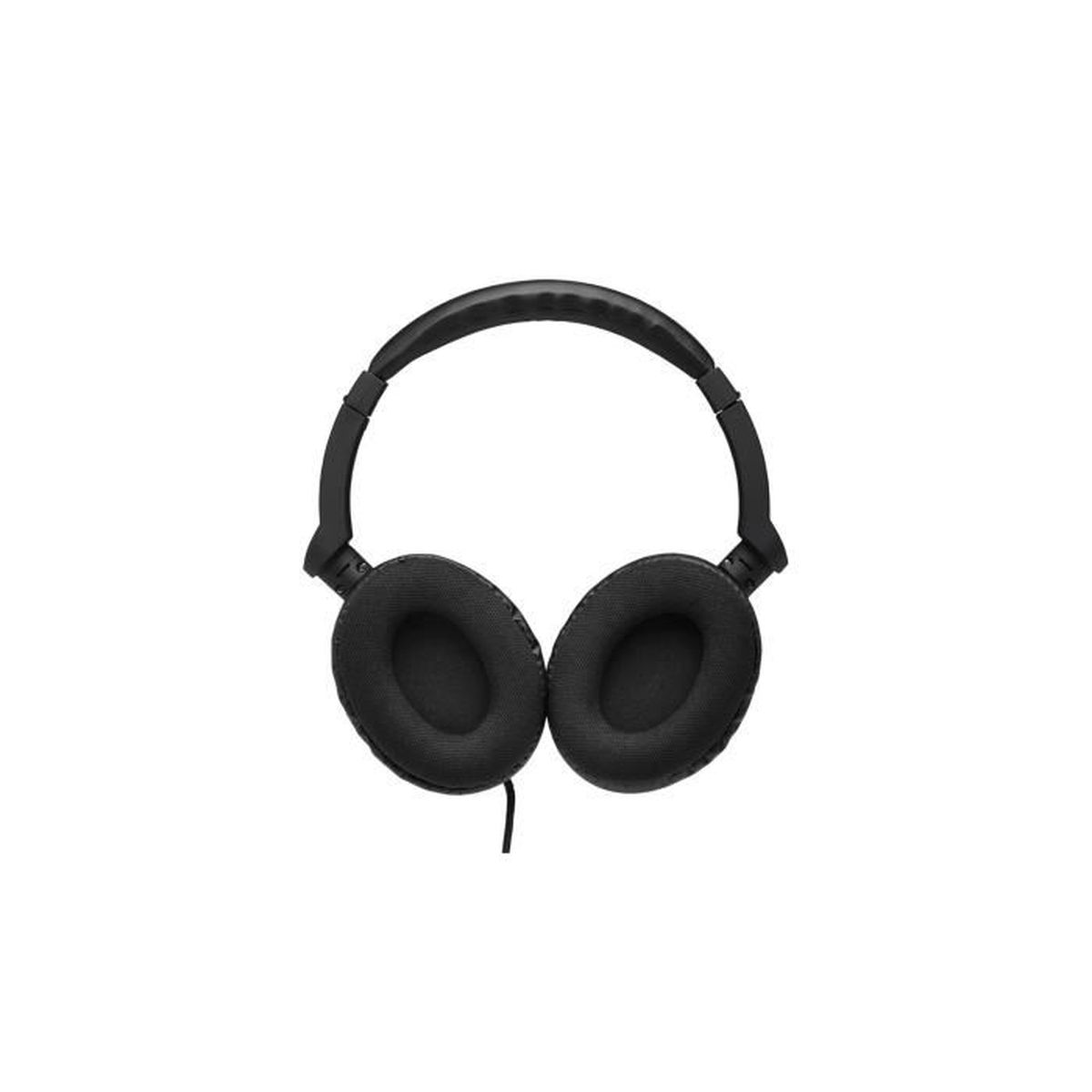 Zwarte over-ear koptelefoon, geïsoleerd op wit. Het ontwerp toont de oorschelpen en hoofdband.