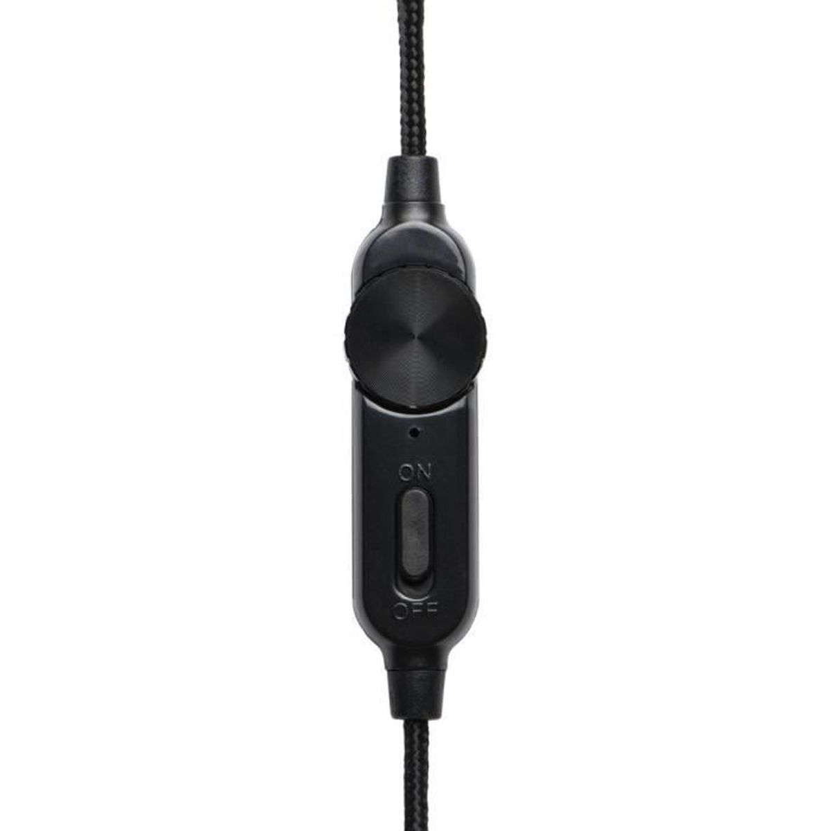 Zwarte inline microfoonbediening met aan/uit-schakelaar op een zwarte kabel.